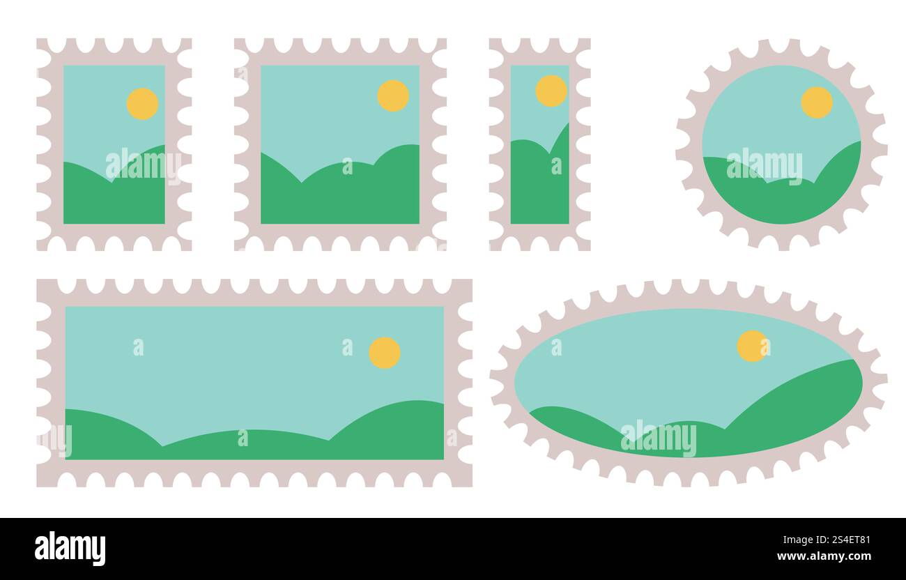 Niedliche Briefmarke, runde und quadratische Rahmen, Vorlagen mit einfacher Landschaft isoliert auf weißem Hintergrund. Stempel gesetzt. Stock Vektor