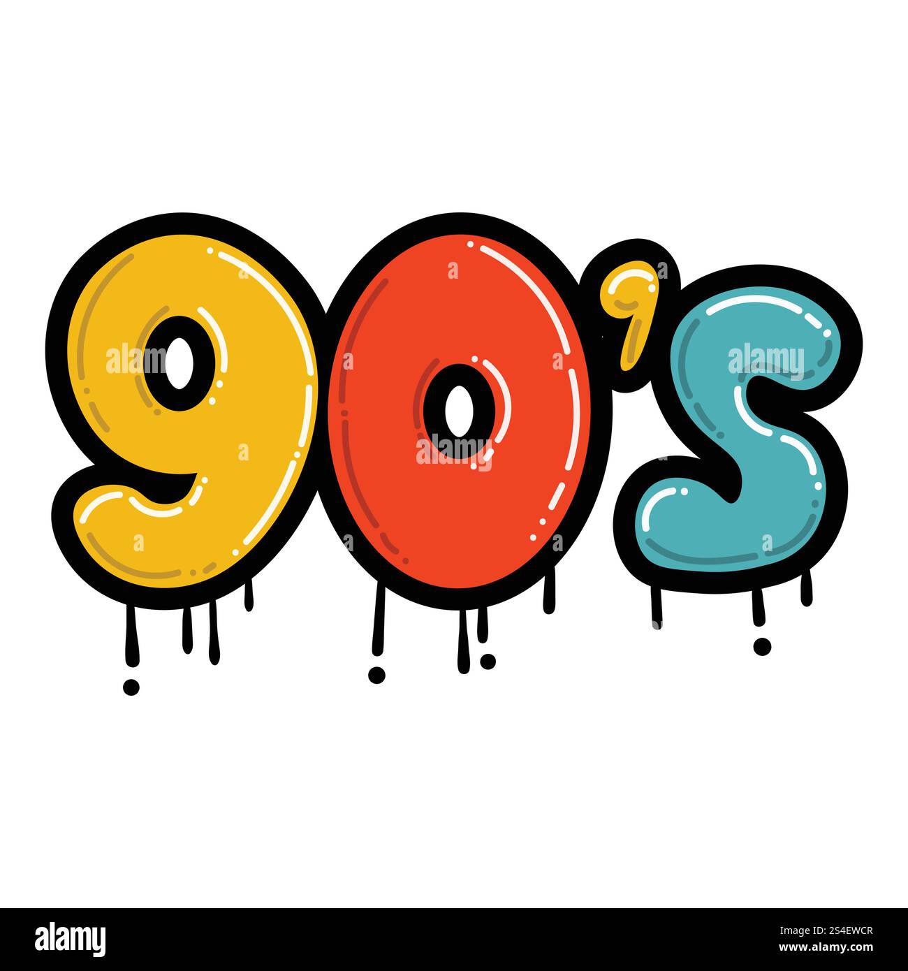 Bunte Zeichentrickgrafiken 90er Jahre isoliert auf weißem Hintergrund. Aufkleber im Retro-Stil 1990. Street Art. Stock Vektor