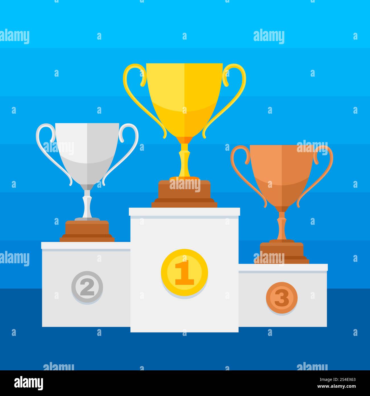 Siegerpodest mit goldenen, silbernen und bronzenen Trophäen. Sieger Sport Silber Cup und Gold. Vektorabbildung. Siegerpodest mit goldenen, silbernen und bronzenen Trophäen Stock Vektor