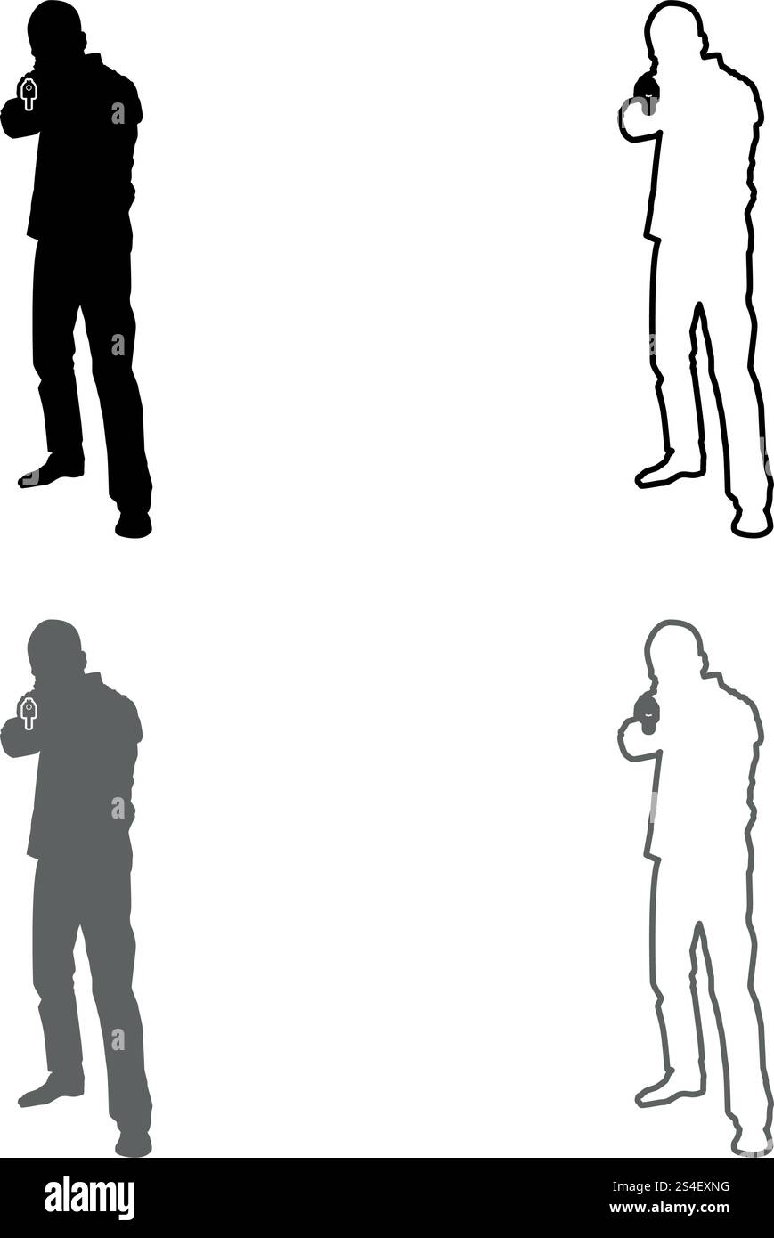 Mann mit Gewehr silhouette Kriminelle person Konzept Vorderansicht Symbol grau schwarz Vector Illustration Umrisse flacher Stil einfach Bild einstellen Stock Vektor