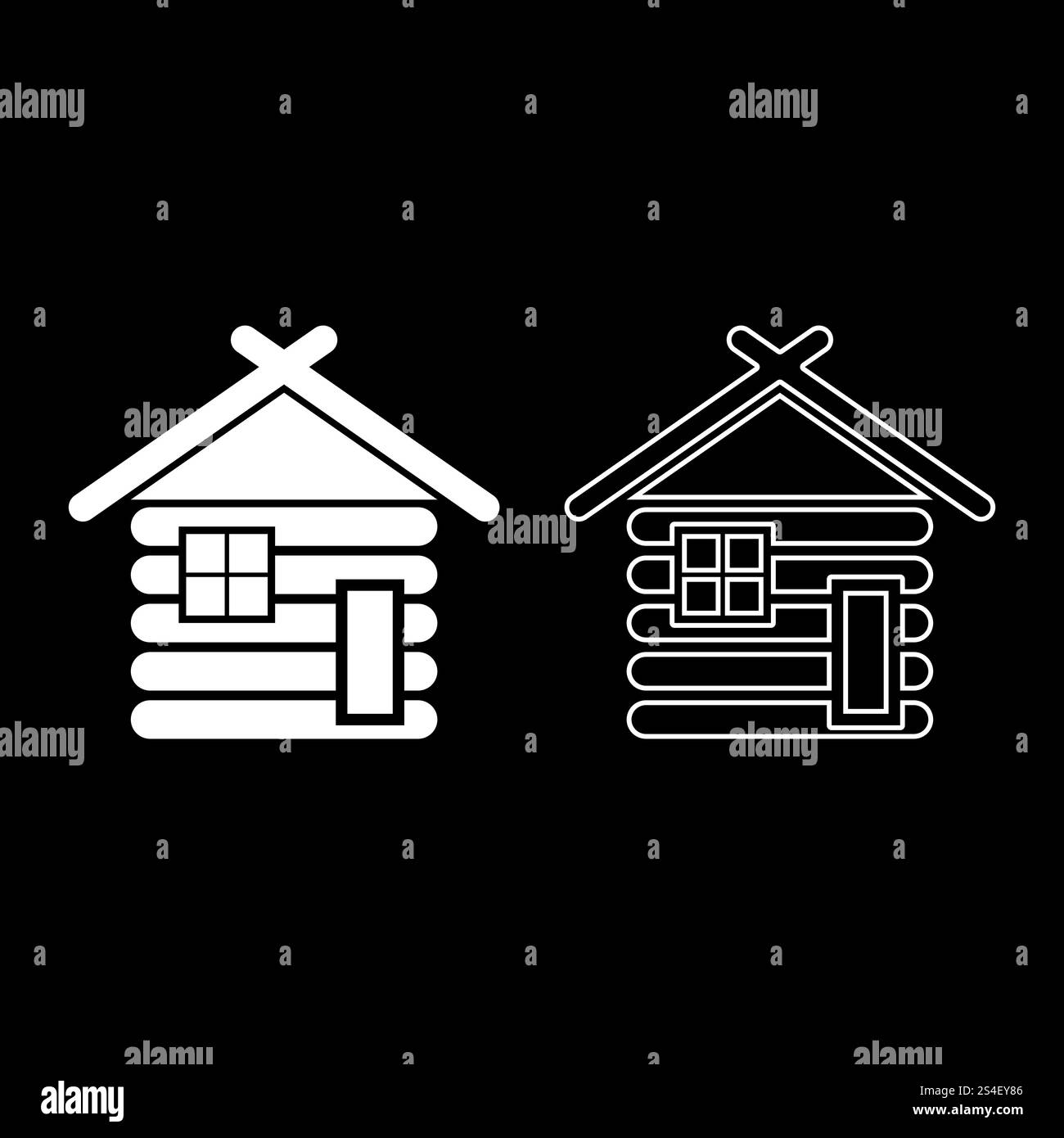 Hölzerne Haus Scheune mit Holz modulare Kabinen Holzhütte modulare Häuser Icon Set Farbe: weiß Abbildung: flache Kontur Stil einfach Bild anmelden Stock Vektor