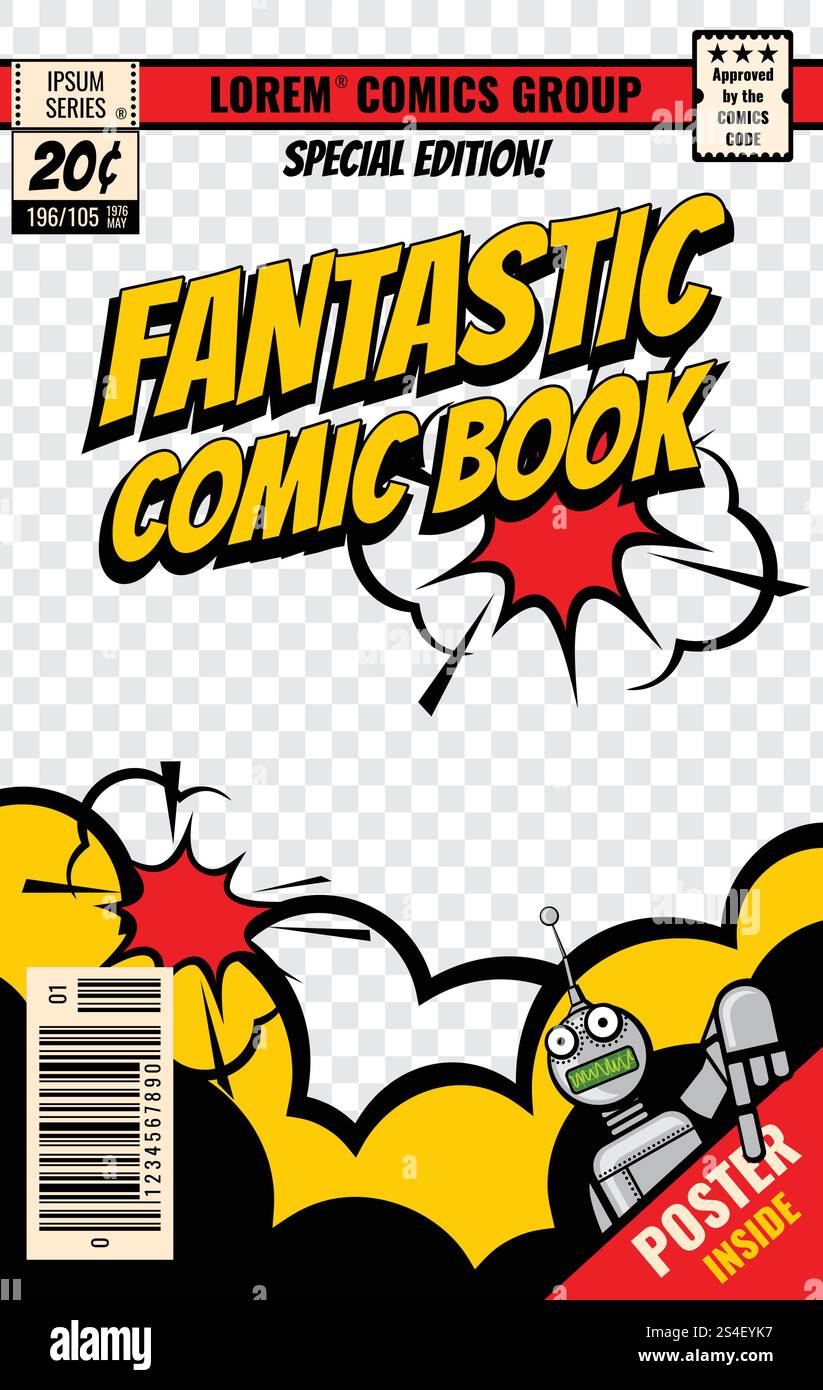 Comic-Cover-Vektorvorlage. Comic-Poster, Illustration der Magazinseite bearbeitbar. Comic-Cover-Vektorvorlage Stock Vektor