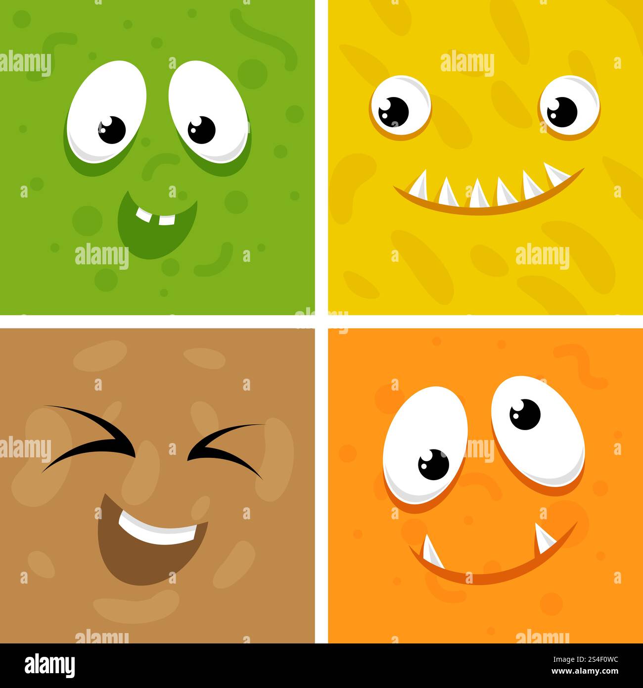 Set von Comic Monster Gesichtern. Monster-Charakter mit flachem Gesicht, farbige lustige Kreatur-Illustration. Set von Comic Monster Gesichtern Stock Vektor