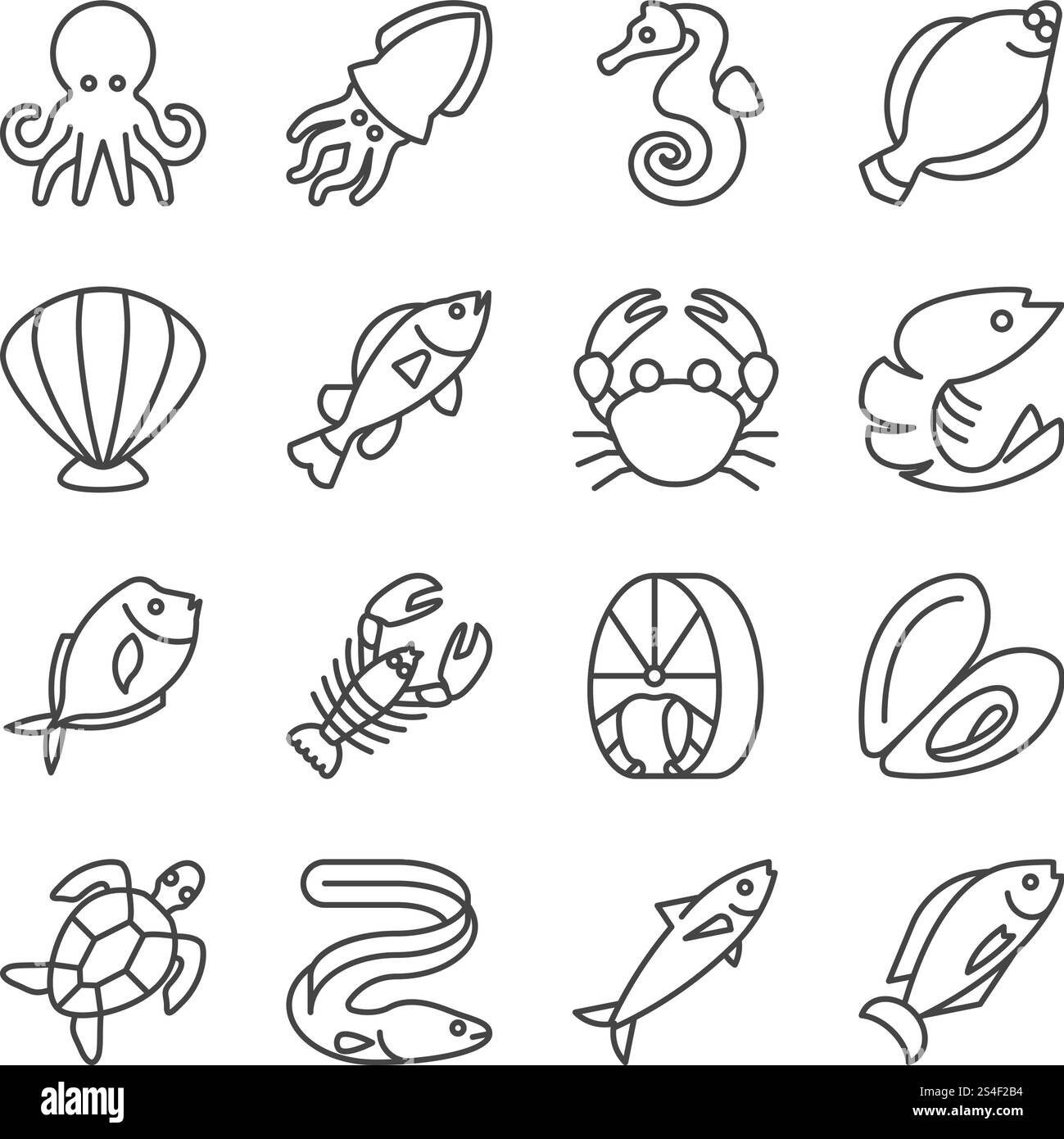 Fisch- und Meeresfrüchtelinien-Vektorsymbole. Meeresfrüchte und Meereslobster linear, Muschel und Lachs Illustration. Fisch- und Meeresfrüchtelinien-Vektorsymbole Stock Vektor