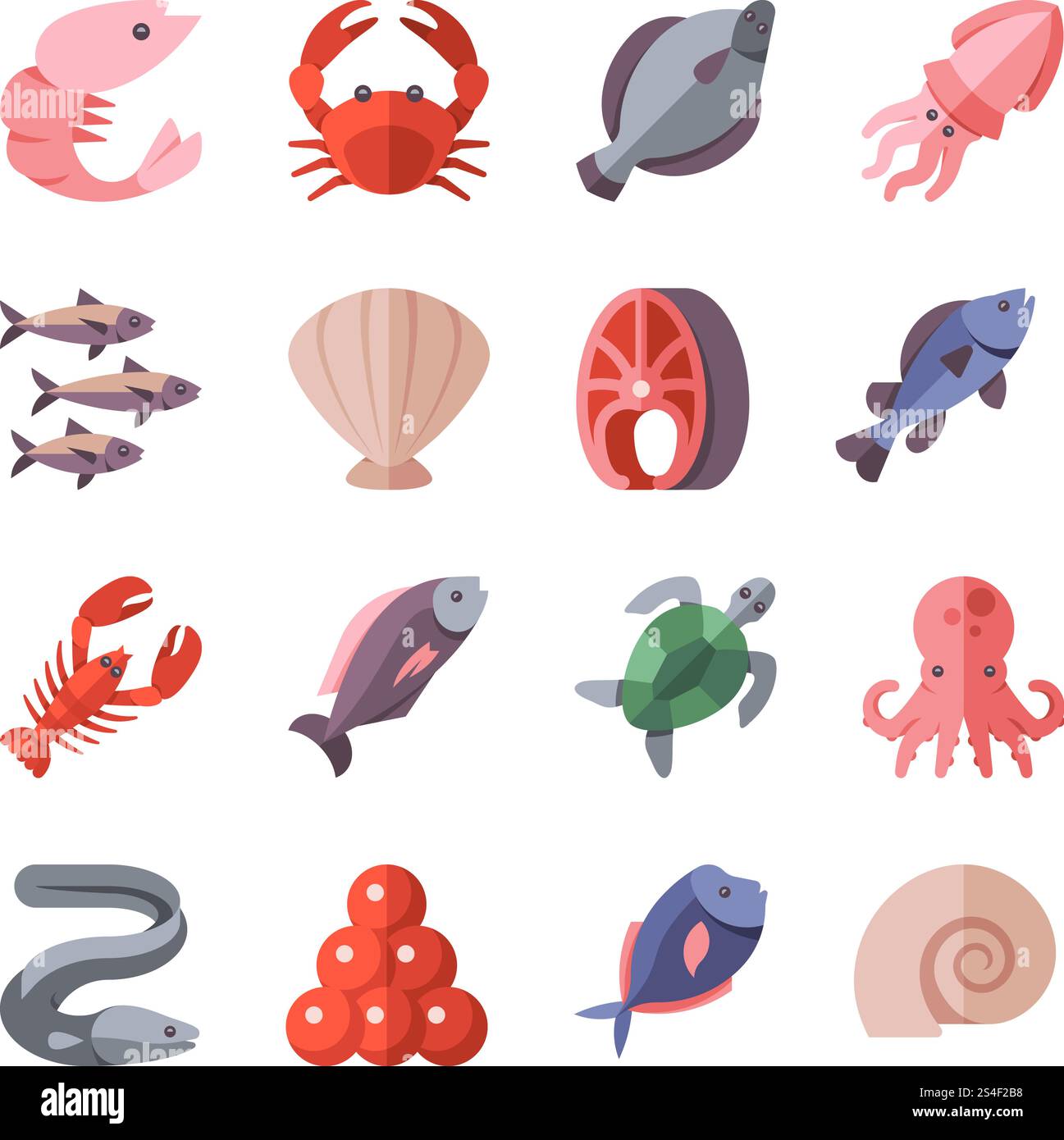 Meeresfrüchte-Köstlichkeiten und kochende Fisch Vektor flache Ikonen isoliert auf weiß. Meeresfrüchte-Illustration von Krabben und Aalen, Schnecken und exotischen Muscheln. Meeresfrüchte-Köstlichkeiten und kochende Fisch Vektor flache Ikonen isoliert auf weiß Stock Vektor