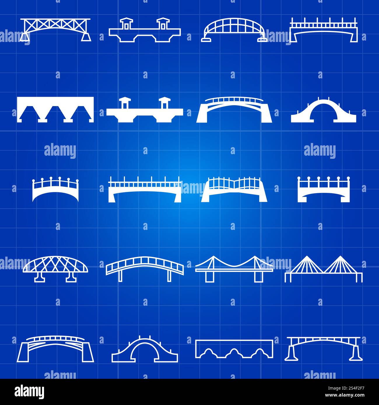 Weiße Umrisse und dünne Linien überbrücken Symbole. Umriss Brückenarchitektur Stadt, Vektor-Illustration. Weiße Umrisse und dünne Linien überbrücken Symbole Stock Vektor