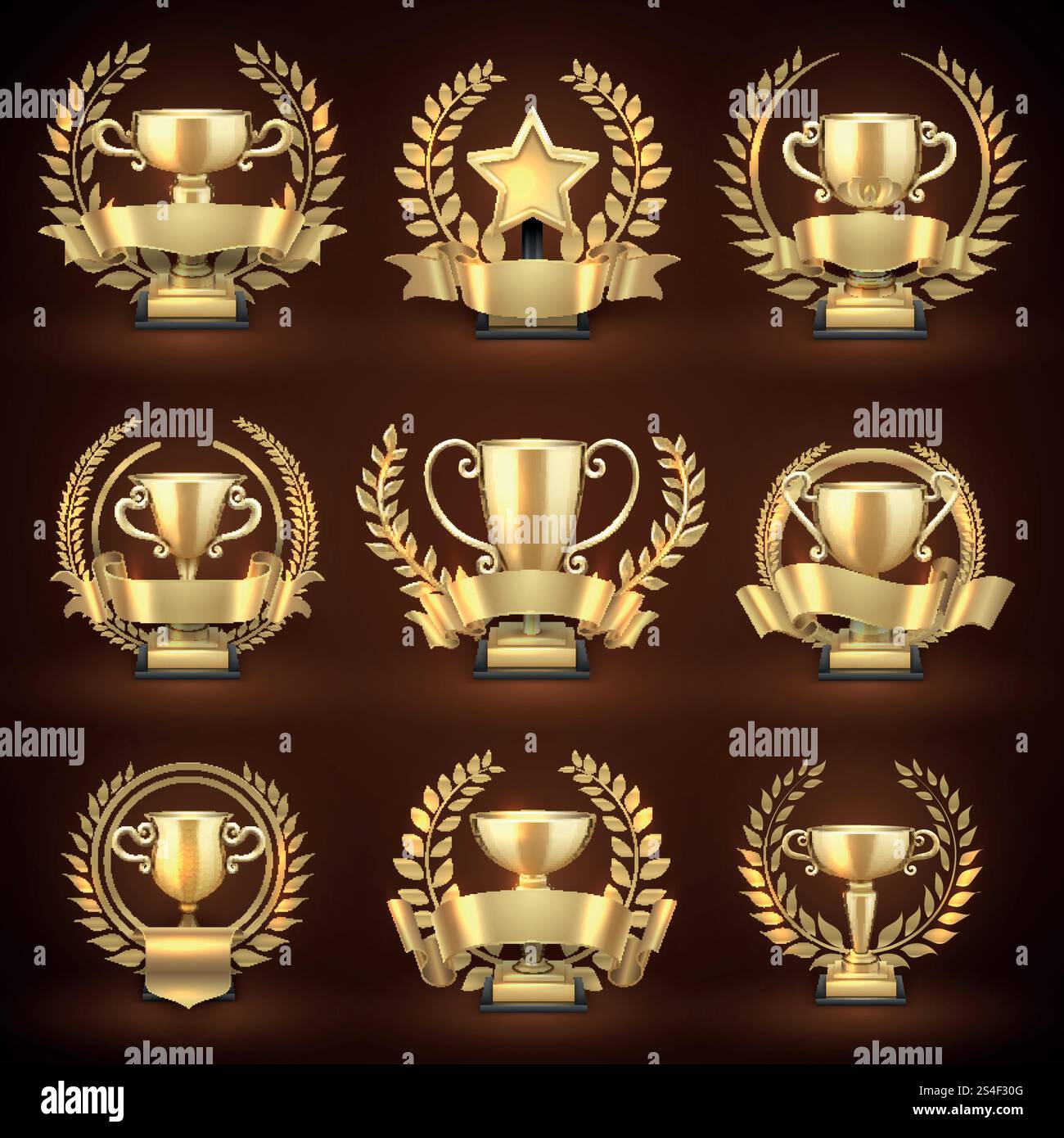 Goldene Siegertrophäen, Sportpreise mit goldenen Kränzen und Bändern. Emblem Championship und Leadership Kollektion. Vektorabbildung. Goldene Siegertrophäen, Sportpreise mit goldenen Kränzen und Bändern Stock Vektor