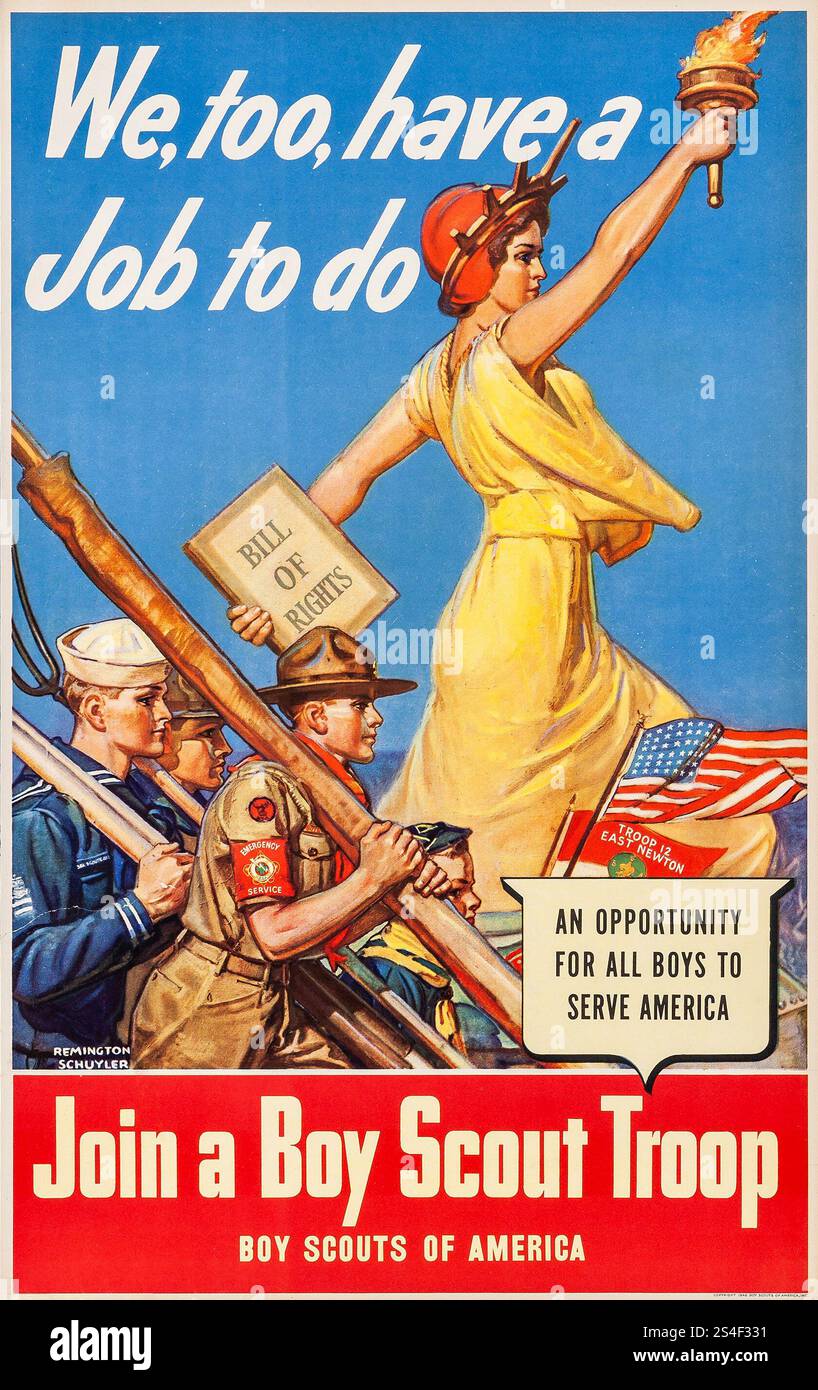 2. Weltkrieg Pfadfinderrekrutierung Poster von Remington Schuyler (U.S. Government Printing Office, 1942) auch wir haben einen Job zu erledigen - schließen Sie sich einer Pfadfindertruppe an, Boy Scouts of America Stockfoto