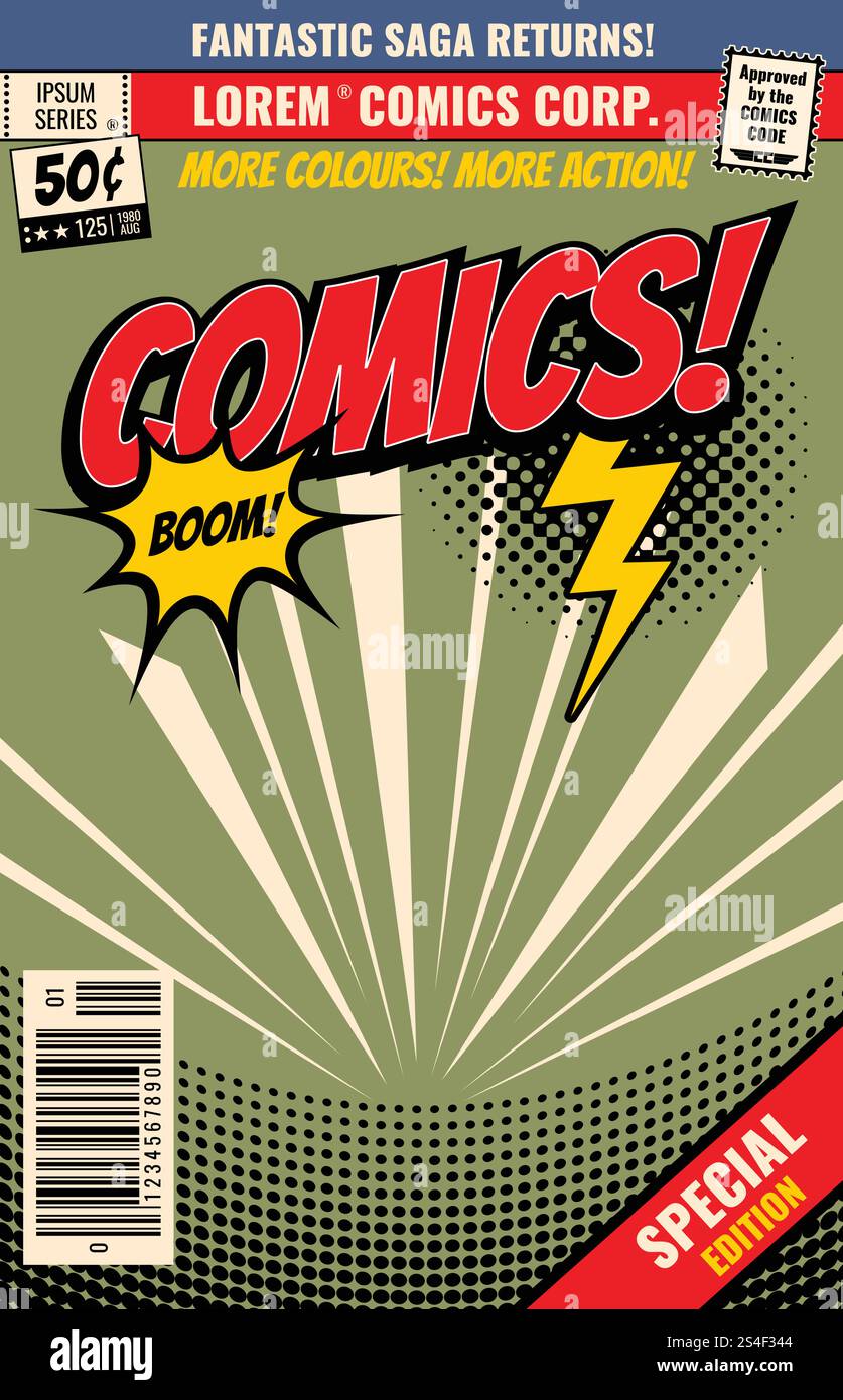 Vektor-Comic-Buch-Hintergrund mit Cartoon-Burst-Blase. Cover-Buch-Comic fantastisch, Sonderausgabe Illustration. Vektor-Comic-Buch-Hintergrund mit Cartoon-Burst-Blase Stock Vektor