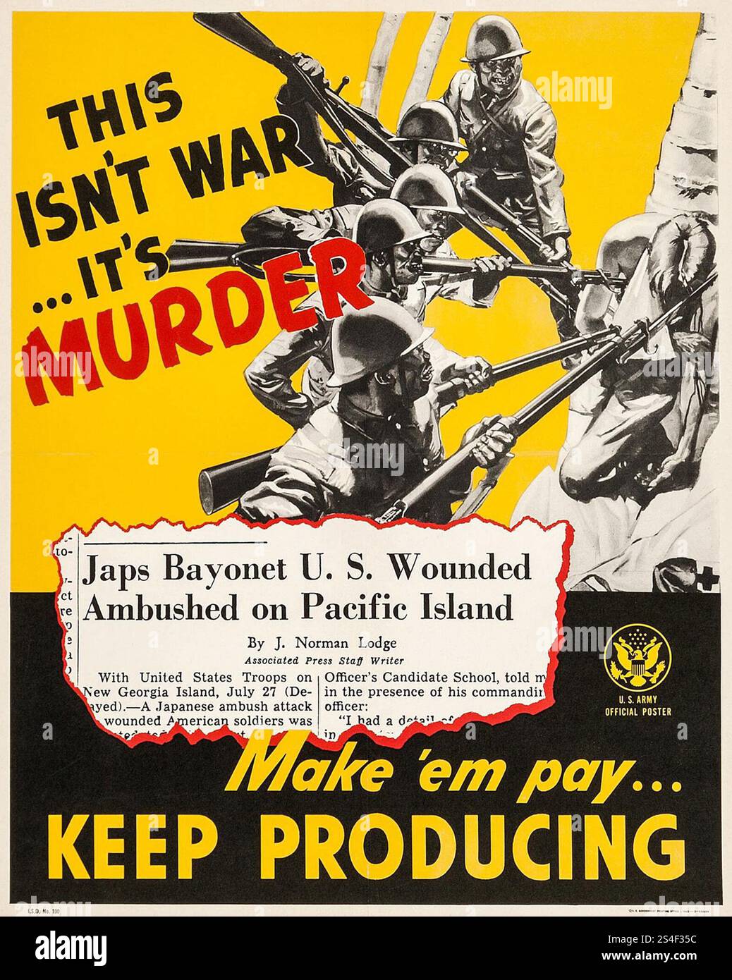 Propaganda des Zweiten Weltkriegs (U.S. Government Printing Office, 1943). Das ist kein Krieg... es ist Mord. Lass sie zahlen - produziere weiter. Offizielles Poster der US-Armee: Krieg gegen Japan Stockfoto