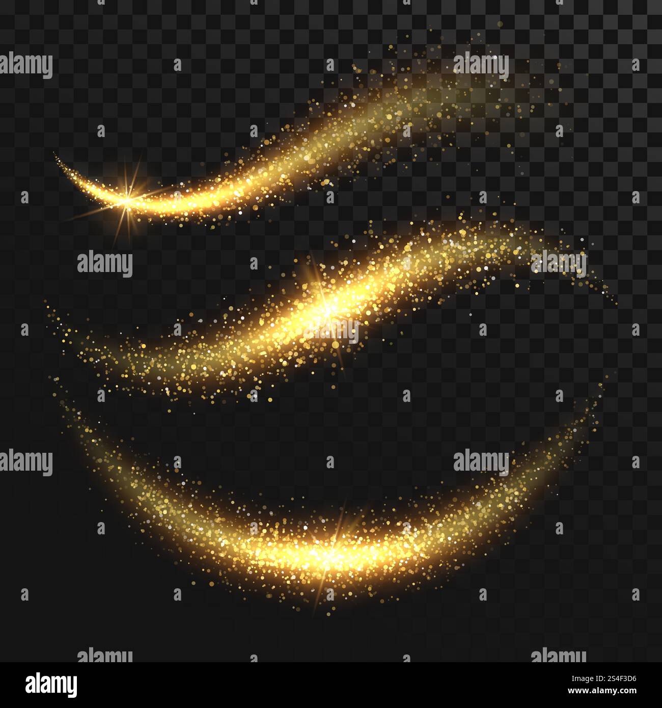 Funkelnder Sternenstaub. Goldene glitzernde magische Vektorwellen mit Goldpartikeln isoliert auf schwarzem Hintergrund. Glitzernder, heller Trail, leuchtende Wellenschimmer-Illustration. Funkelnder Sternenstaub. Goldene glitzernde magische Vektorwellen mit Goldpartikeln isoliert auf schwarzem Hintergrund Stock Vektor