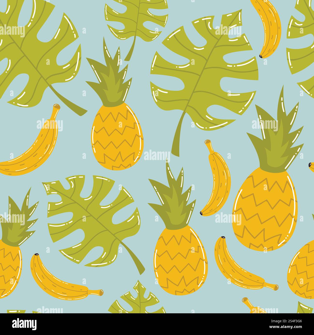 Niedliches tropisches, nahtloses Cartoon-Muster mit Ananas, Bananen und Monstera-Blättern. Hintergrund der Sommerferien. Stock Vektor