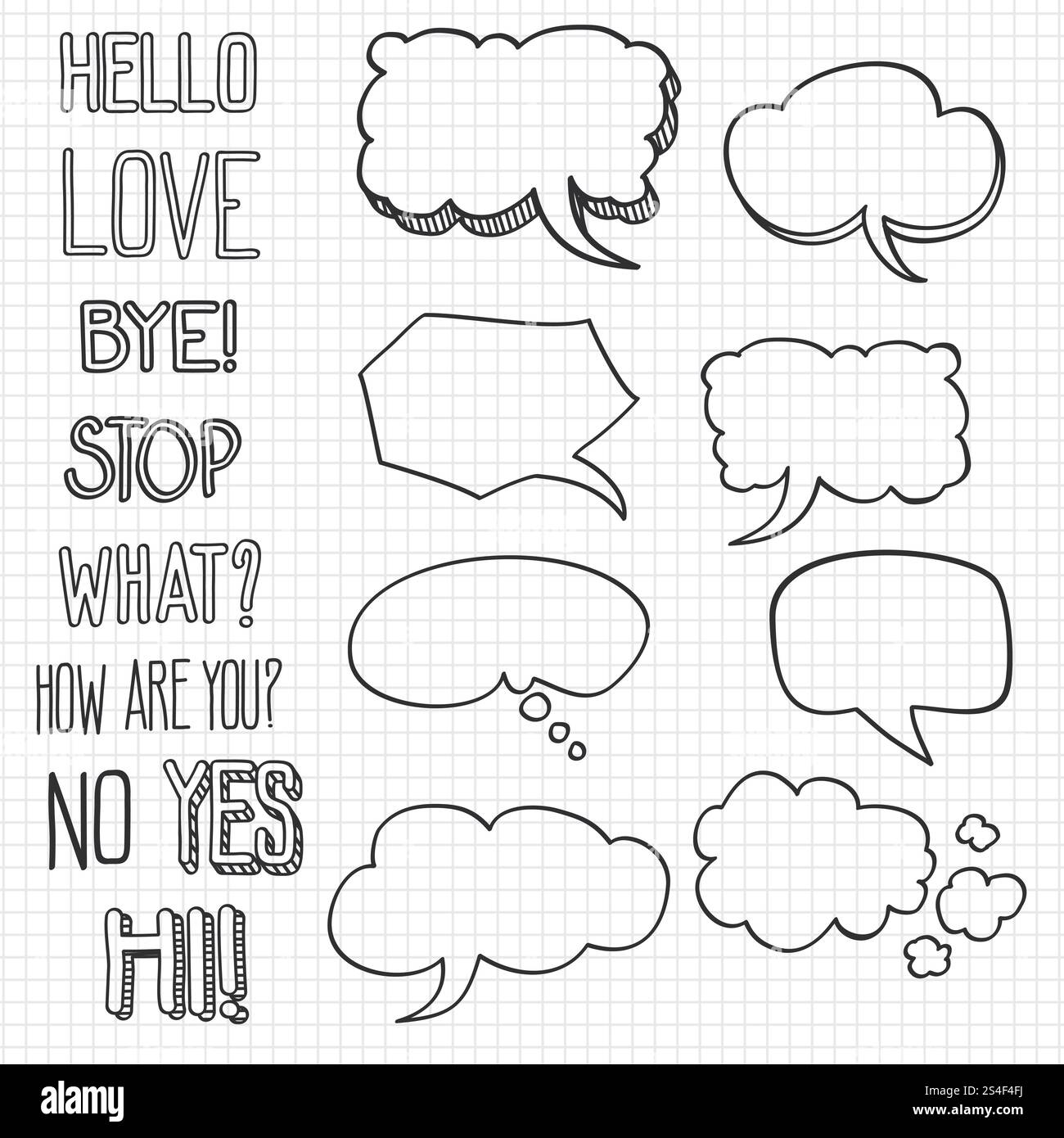 Handgezeichnete emotionale Phrasen und Sprechblasen auf Notizbuchhintergrund. Vektorabbildung. Handgezeichnete emotionale Phrasen und Sprechblasen auf Notizbuchhintergrund Stock Vektor