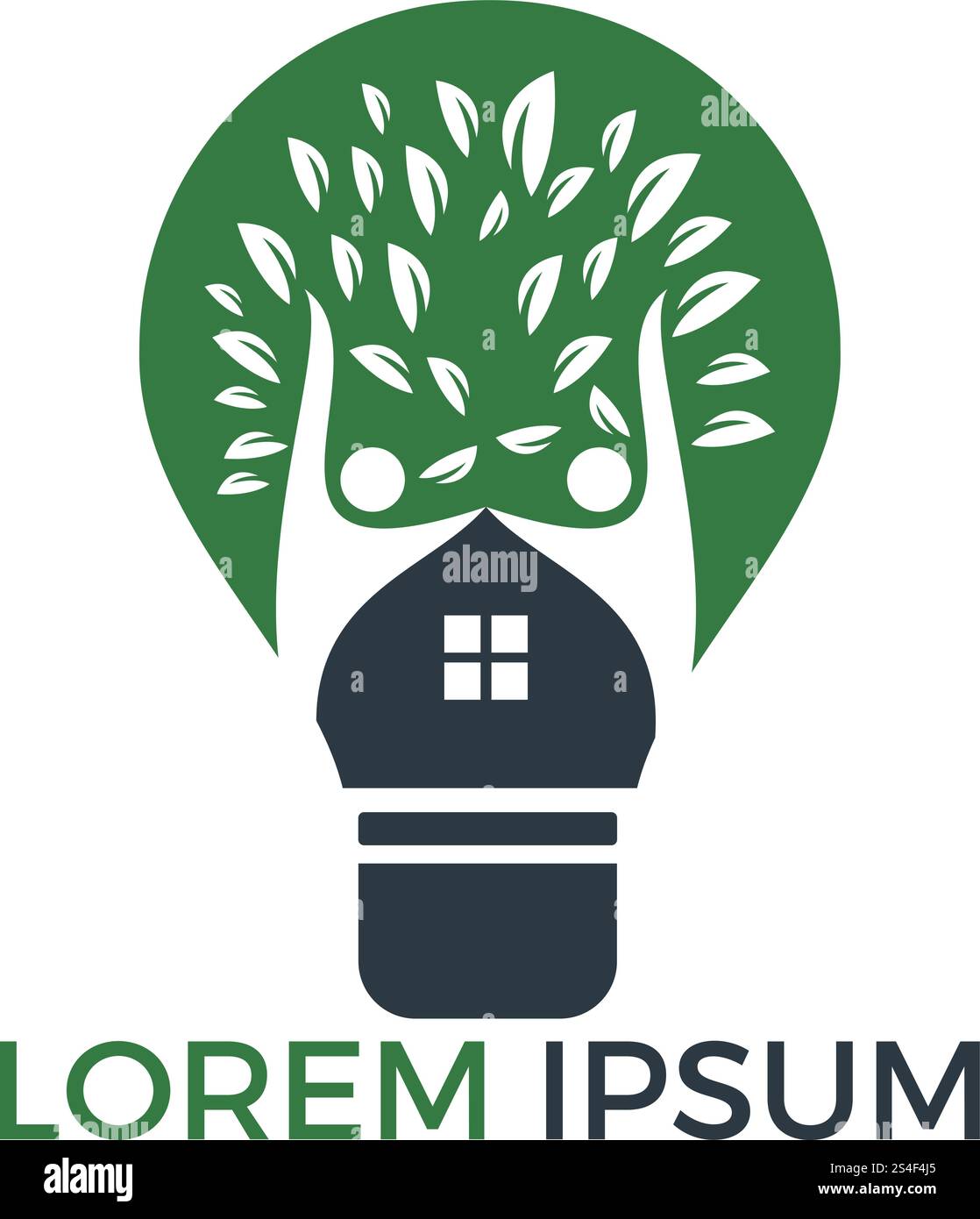 Smart-House-Logo-Vorlage. Glühbirne mit Baumhaus und People Logo. Konzept für intellektuelles Heim, Wohnung oder Hütte. Stock Vektor