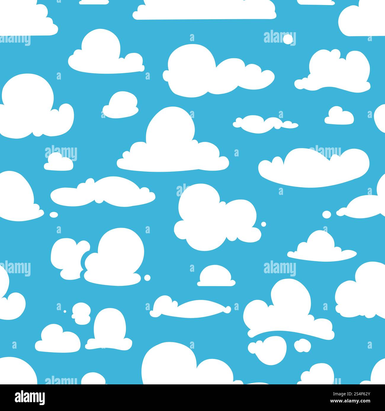 Verschiedene Vektorwolken am blauen Himmel. Nahtloses Muster im Cartoon-Stil. Himmel mit weißen Wolken, Illustration des Naturhimmels. Verschiedene Vektorwolken am blauen Himmel. Nahtloses Muster im Cartoon-Stil Stock Vektor