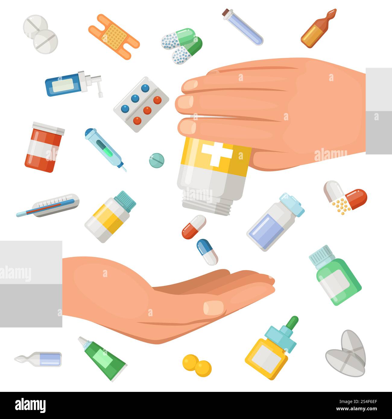 Konzeptillustration mit Händen des Arztes und einigen medizinischen Elementen. Arzneimittelpillen, Medikamente. Medikamente in der Hand, Pharmazie Antibiotika und Medikamente. Konzeptillustration mit Händen des Arztes und einigen medizinischen Elementen. Arzneimittelpillen, Medikamente Stock Vektor