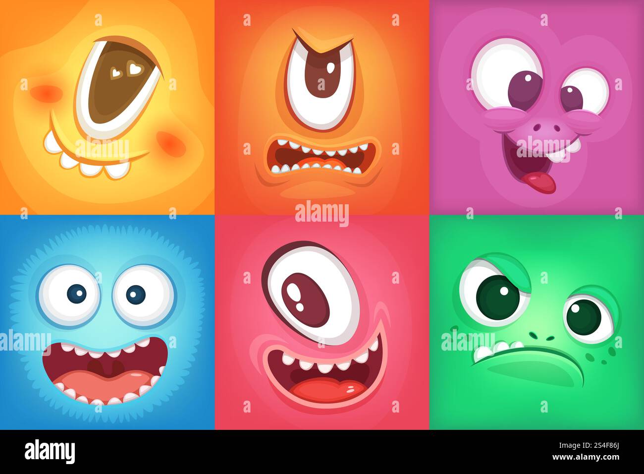 Monster-Cartoon-Gesichter. Der Dämon lächelt und ein großer, verrückter Mund. Vektormonster lustig, Illustration von Farbendämon halloween. Monster-Cartoon-Gesichter. Der Dämon lächelt und ein großer, verrückter Mund. Vektorbilder Stock Vektor