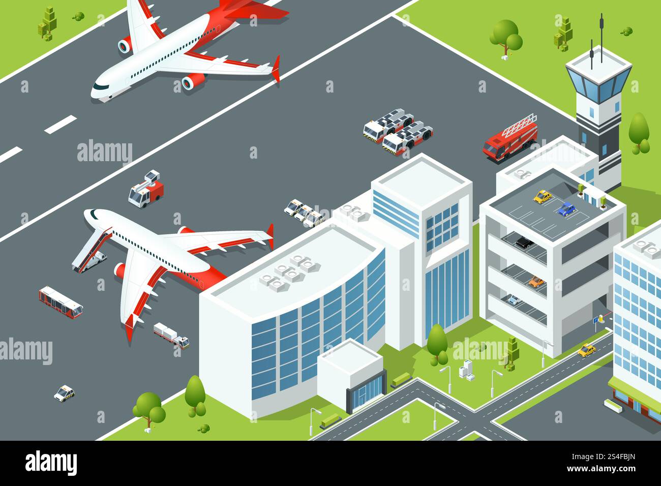 Flughafen, kontrolliert Gebäude von Flugzeugen. Flugzeug-Rampe und verschiedene Stützmaschinen auf der Piste. Isometrische Vektordarstellungen zum Bau von Flughafen und Flugzeug. Flughafen, kontrolliert Gebäude von Flugzeugen. Flugzeug-Rampe und verschiedene Stützmaschinen auf der Piste. Isometrische Vektorabbildungen Stock Vektor