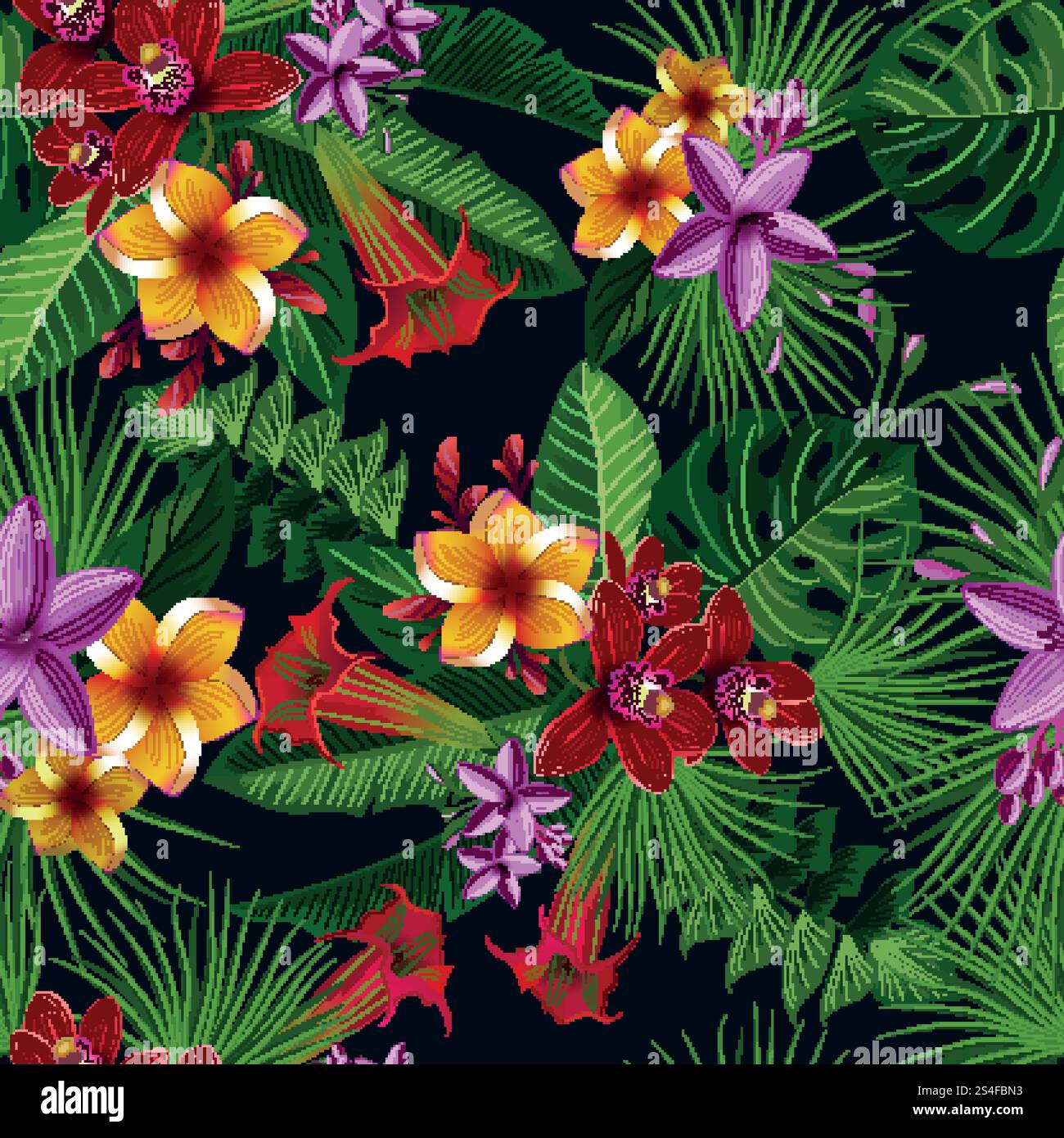 Exotische tropische Sommerblumen. Nahtloses Vektormuster. Vintage-Illustration. Botanisches tropisches Muster mit Pflanzen und farbigen Blumen, naturfarbener Blütenblume exotischer Garten. Exotische tropische Sommerblumen. Nahtloses Vektormuster. Vintage-Illustration Stock Vektor