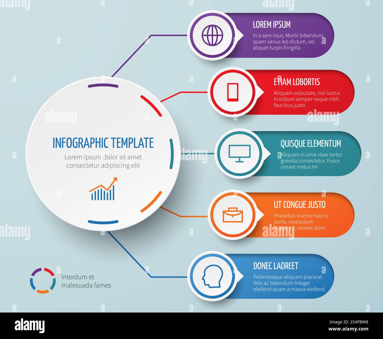 Infografik für die Geschäftspräsentation mit kreisförmigen Elementen und Optionen Vektorvorlage. Kreisdiagramm Geschäft, Präsentation Diagramm Broschüre Illustration. Infografik für die Geschäftspräsentation mit kreisförmigen Elementen und Optionen Vektorvorlage Stock Vektor