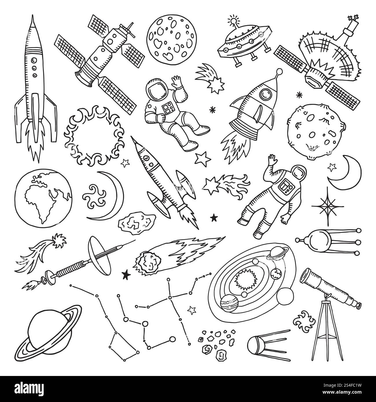 Kritzeln Sie verschiedene Universumselemente. Planeten, Sonne, Erde und Mond. Handgezeichnete Vektorillustrationen. Mond und Stern Cartoon, Erde Planet im Universum kritzelnd handgezeichnet. Kritzeln Sie verschiedene Universumselemente. Planeten, Sonne, Erde und Mond. Handgezeichnete Vektorillustrationen Stock Vektor