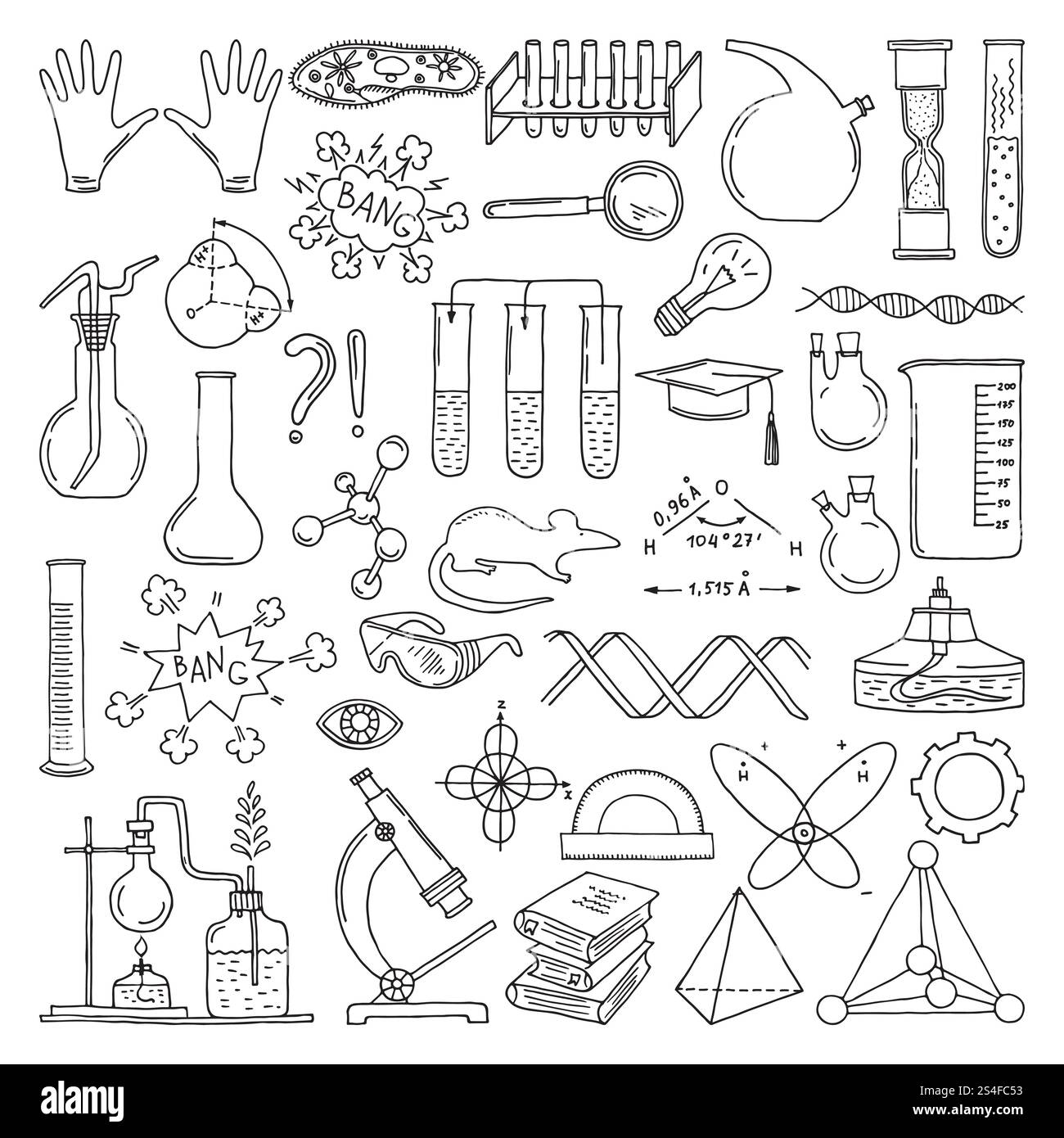Schwarze Silhouette wissenschaftlicher Symbole. Chemie und Biologie. Vektorelemente für Bildung festgelegt. Wissenschaftliche Biologie und Physik Experiment, Forschung und Test in Laborillustration. Schwarze Silhouette wissenschaftlicher Symbole. Chemie und Biologie. Vektorelemente für Bildung festgelegt Stock Vektor