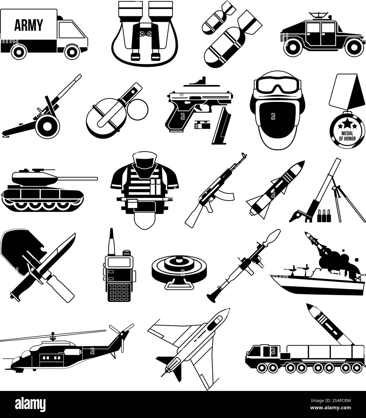 War Monochrom-Symbole gesetzt. Silhouette von Militärbildern. Schlachtschiff, Soldaten, Lastwagen und verschiedene Waffen. Militärisches schwarzes Schlachtschiff und Granate, Munition und Trägerrakete. Vektorabbildung. War Monochrom-Symbole gesetzt. Silhouette von Militärbildern. Schlachtschiff, Soldaten, Lastwagen und verschiedene Waffen Stock Vektor