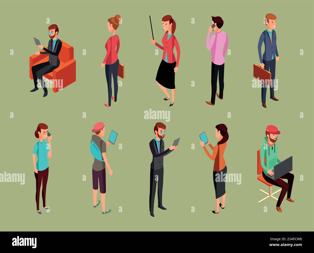Verschiedene Büroleute sitzen und stehen mit Gadgets. Isometrische Vektorillustration für Frauen und Männer. Weibliche und männliche Personen sitzen und stehen. Verschiedene Büroleute sitzen und stehen mit Gadgets. Isometrische Vektorillustration für Frauen und Männer Stock Vektor