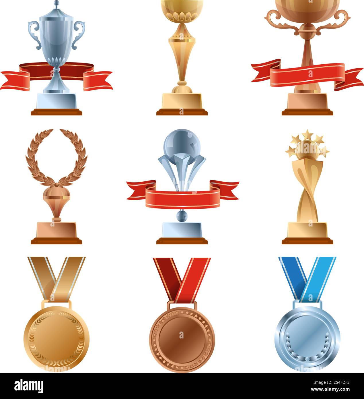 Verschiedene Trophäen. Championship Gold Award. Goldene, Bronze- und Silbermedaille und Siegerbecher. Preis und Sieg, Illustration des Siegerpokals und der Medaille. Verschiedene Trophäen. Championship Gold Award. Goldene, Bronze- und Silbermedaille und Siegerbecher Stock Vektor