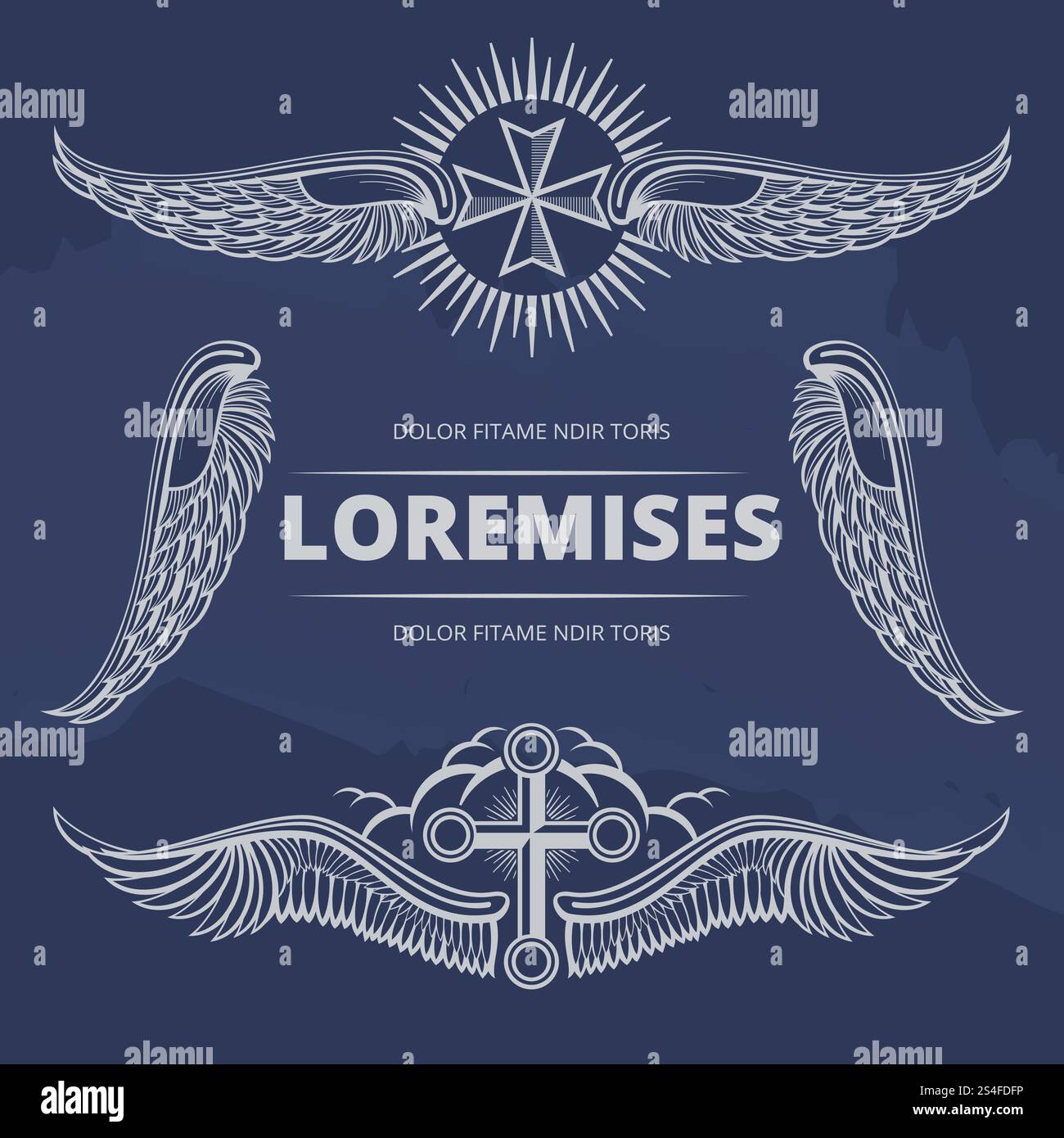 Vintage-Kreuz und Flügel auf blauem Hintergrund. Satz von Flügeln, Vektorillustration. Vintage-Kreuz und Flügel auf blauem Hintergrund Stock Vektor