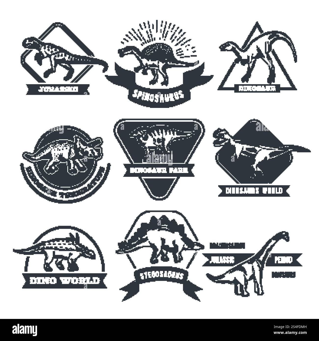 Einfarbige Grunge-Etiketten mit verschiedenen Dinosauriern. Illustration der Jurassic Park Label Kollektion. Einfarbige Grunge-Etiketten mit verschiedenen Dinosauriern Stock Vektor