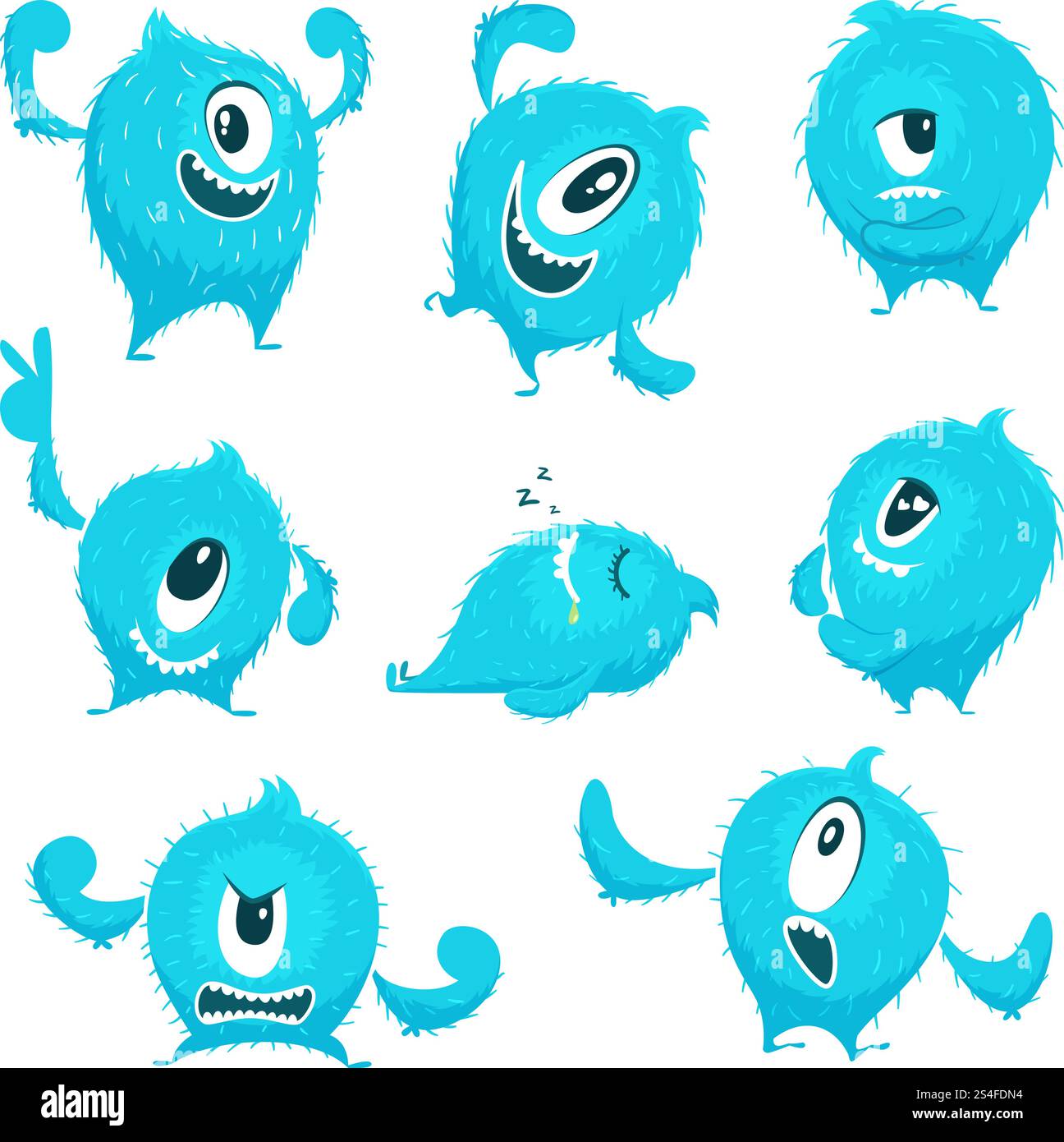 Vektorfarbenes Monster im Cartoon-Stil. Verschiedene Actionsposen und süße Gesichter. Lustige Monster Cyclop kreative Illustration. Vektorfarbenes Monster im Cartoon-Stil. Verschiedene Actionsposen und süße Gesichter Stock Vektor