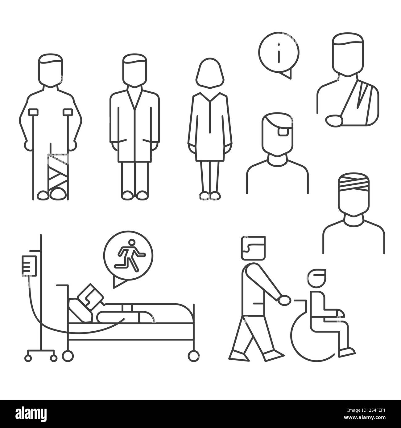 Die Zeilensymbole für Krankenhauspatienten sind weiß isoliert. Medical Staff Line STYLE. Vektorabbildung. Die Zeilensymbole für Krankenhauspatienten sind weiß isoliert Stock Vektor