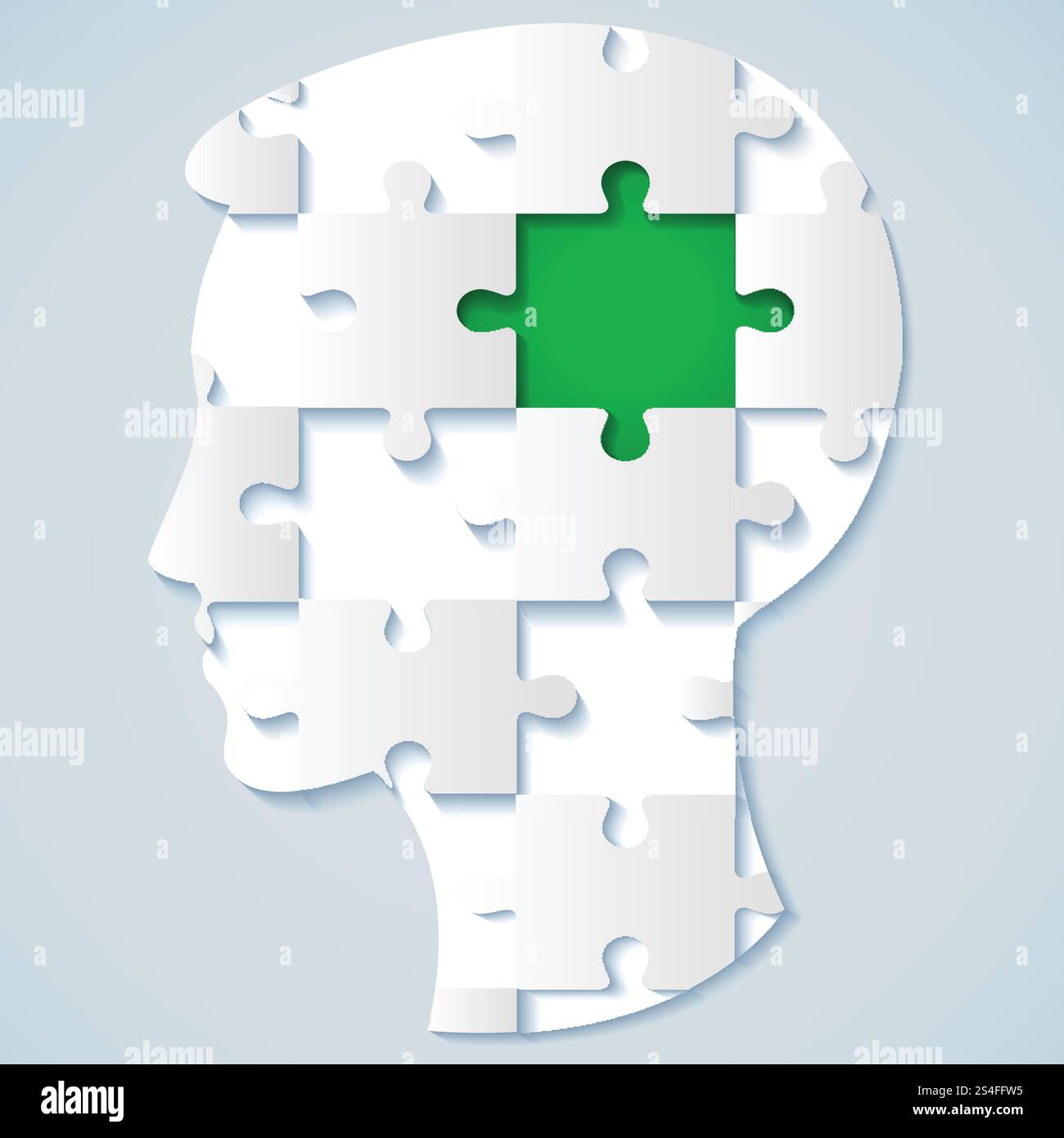 Menschliches Gesicht in Form eines Puzzles mit einer grünen Mitte. Geschäftskonzept Stock Vektor