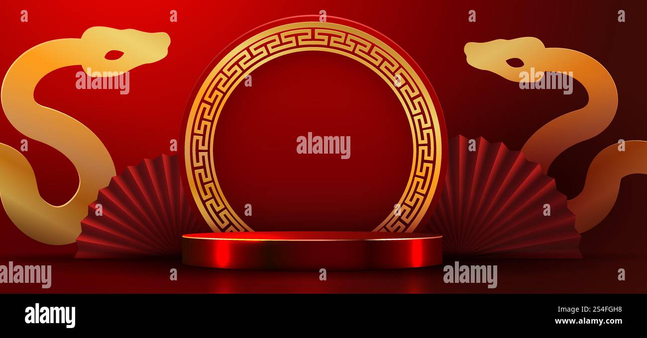 Grußkarte zum chinesischen Neujahr 2025, Banner mit goldenem und Podium. Traditionelles chinesisches Tor und Hintergrund der Handfans. Frohes Chinesisches Neujahr. Vektorabbildung Stock Vektor