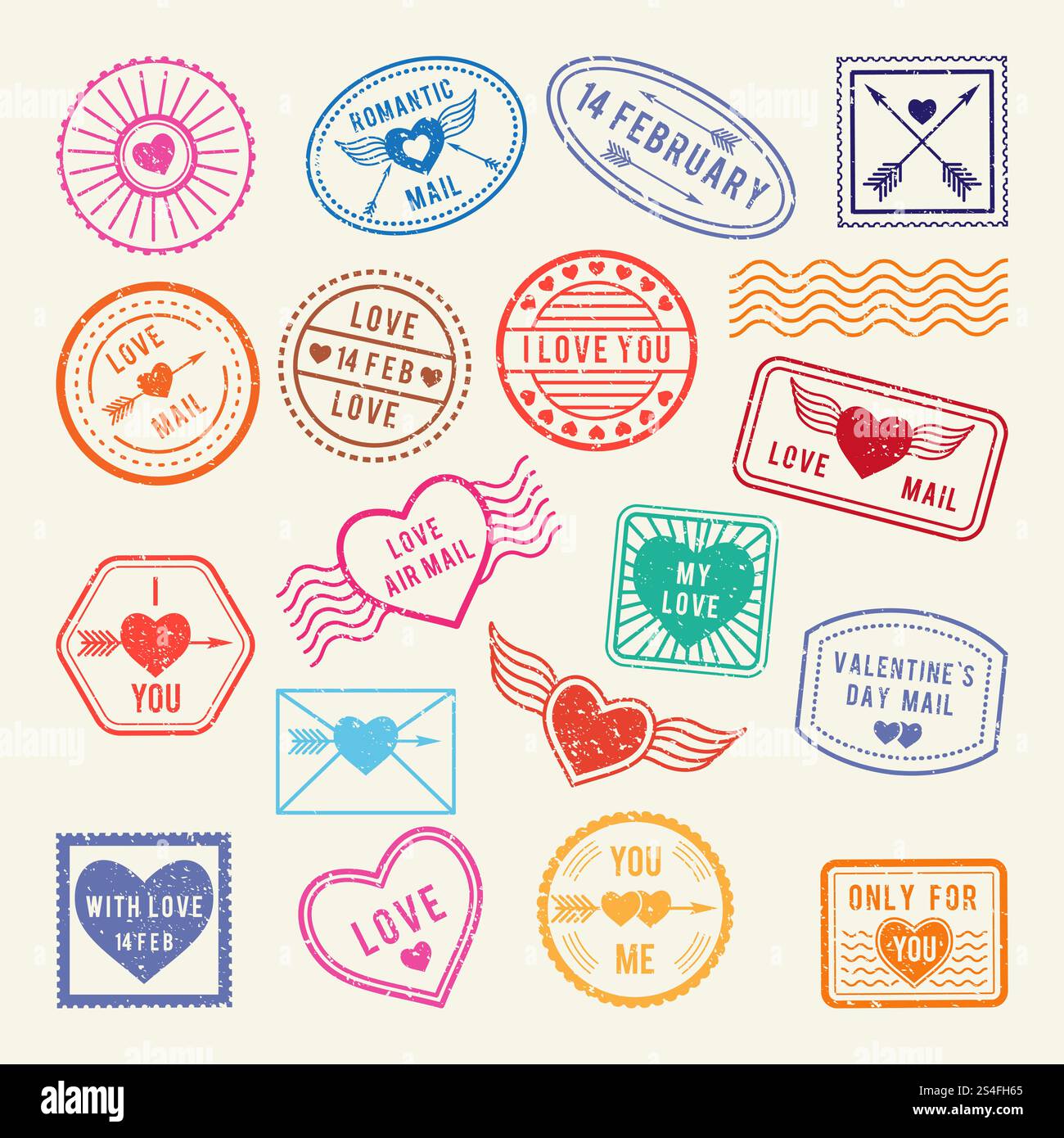 Romantische Vintage-Briefmarken. Vector Love Elements für Scrapbook- oder Briefdesign. Retro-valentinstag-Briefmarken-Illustration. Romantische Vintage-Briefmarken. Vector Love Elements für Scrapbook- oder Briefdesign Stock Vektor