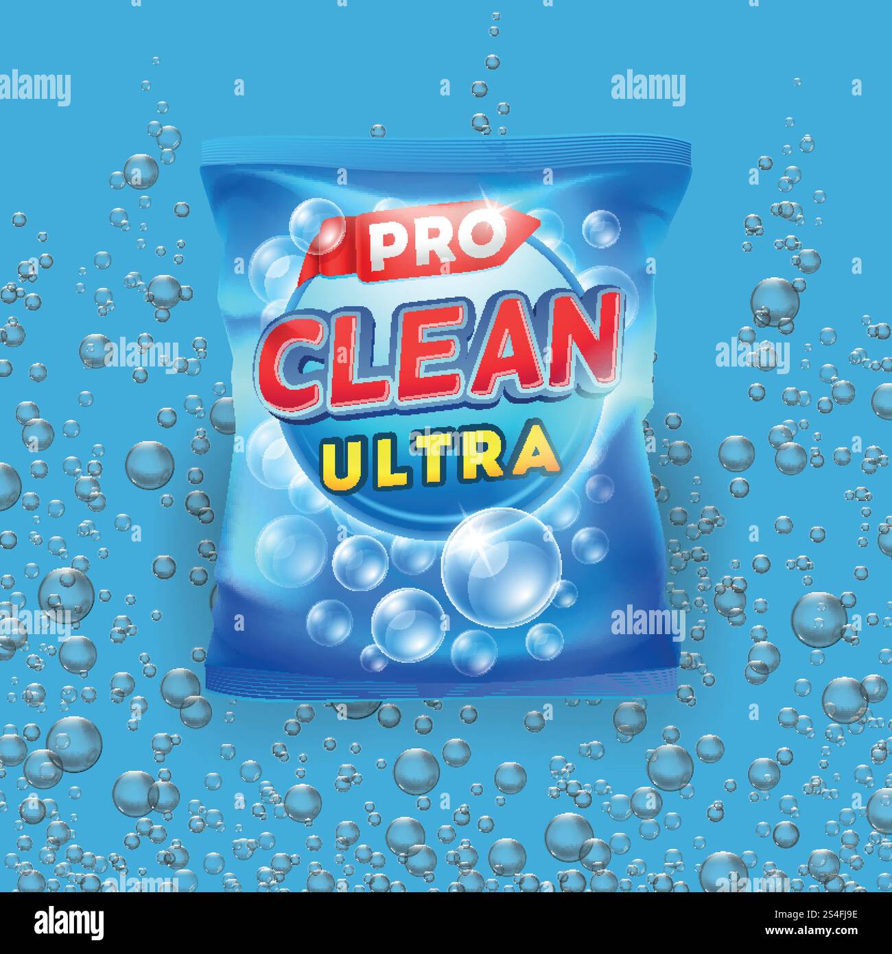 Blaues Reinigungsmittelvektordesign auf Beutelverpackungsschablone mit realistischen Blasen auf Hintergrundillustration. Vektordesign für Reinigungsmittel auf der Verpackungsvorlage für Beutel Stock Vektor