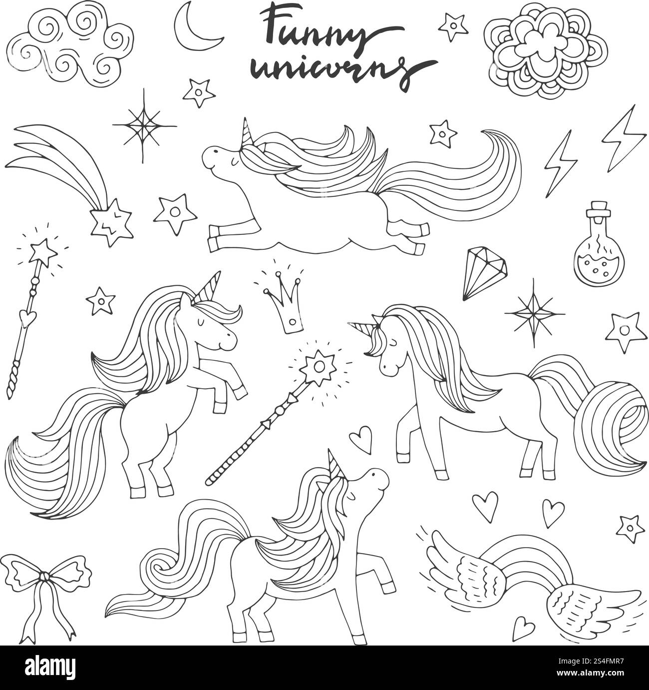 Lustige Zaubersymbole. Kinder-Doodle-Style. Zauberer, Einhorn und Wunder. Vektorabbildung auf weißem Hintergrund isolieren. Die Magie des Tieres, das lineare wilde Einhorn der Fee. Lustige Zaubersymbole. Kinder-Doodle-Style. Zauberer, Einhorn und Wunder. Vektorabbildung auf weißem Hintergrund isolieren Stock Vektor