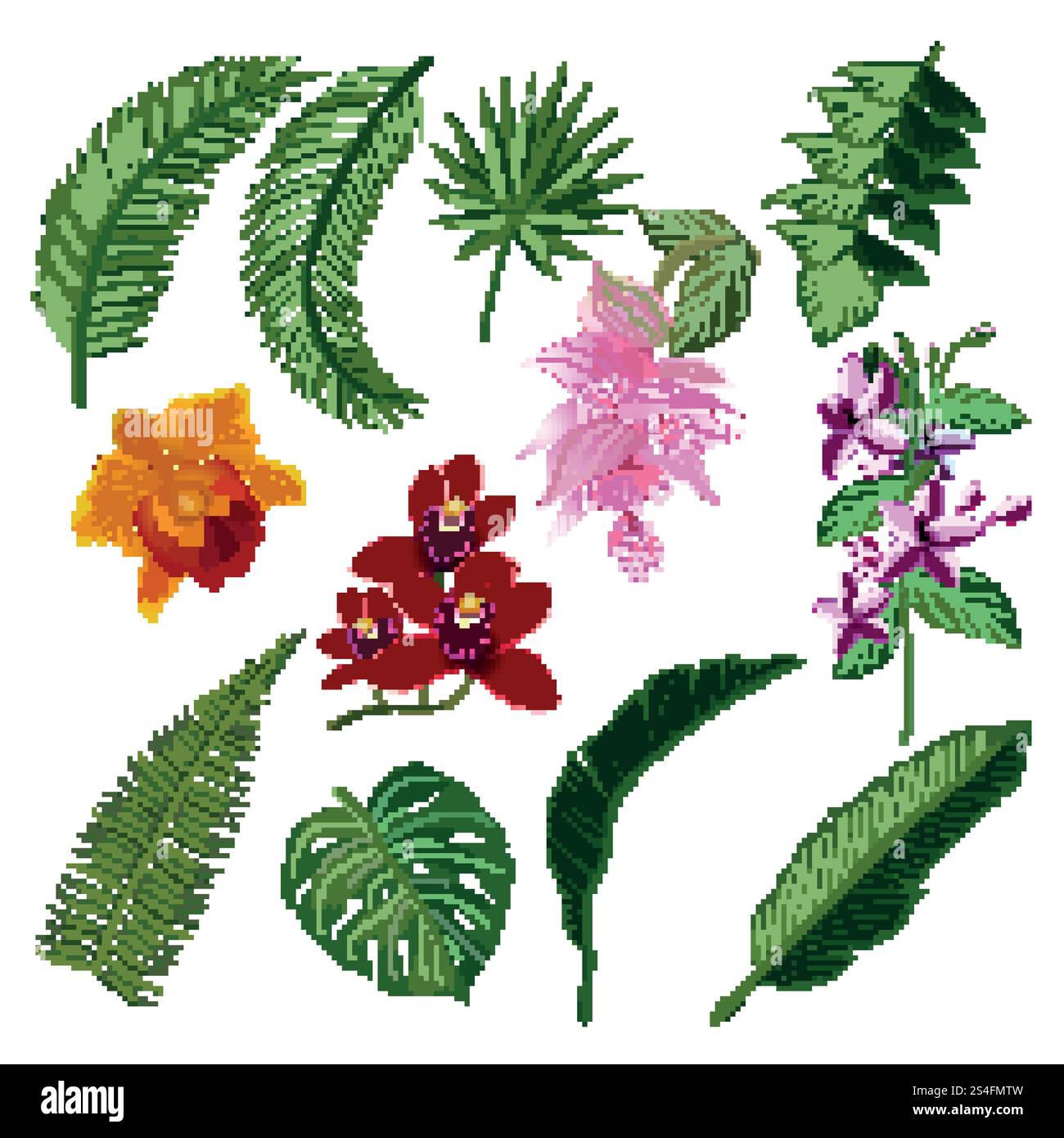 Set tropischer Blumenstrauß. Vektordarstellung von Blättern und Zweigen. Farbblume und grüne Pflanze, Sommerblüte tropische Blume. Set tropischer Blumenstrauß. Vektordarstellung von Blättern und Zweigen Stock Vektor