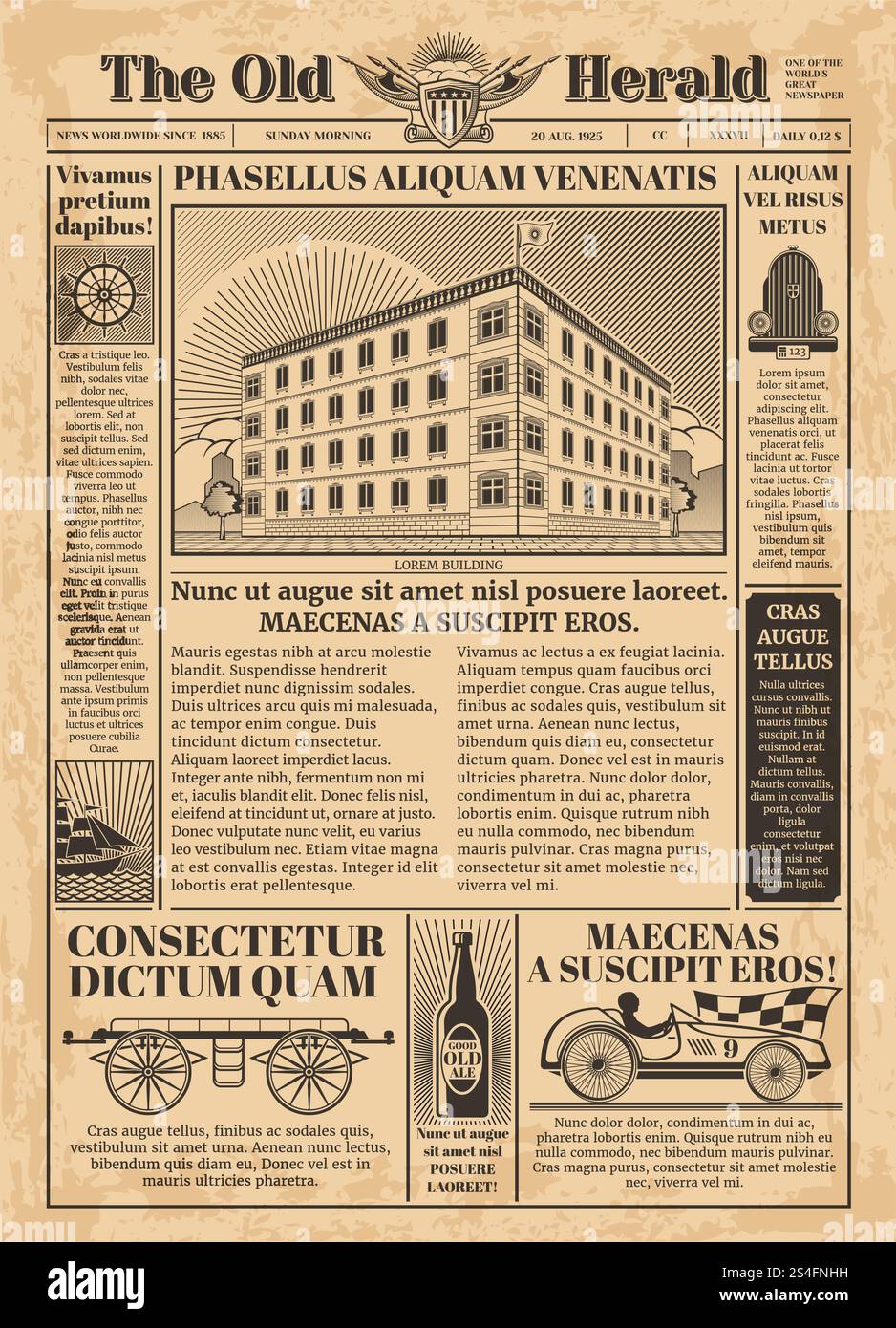 Vintage-Zeitungsvektorvorlage mit Zeitungspapier-Text. Abbildung: Papier antik für artikeldruck. Vintage-Zeitungsvektorvorlage mit Zeitungspapier-Text Stock Vektor