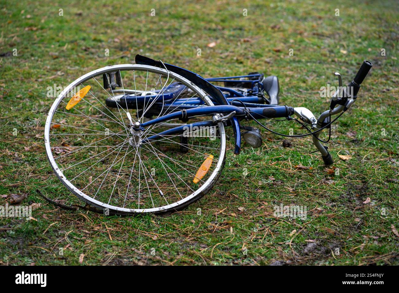 Blick auf ein blaues kaputtes Fahrrad, das auf grünem Gras liegt. Stockfoto