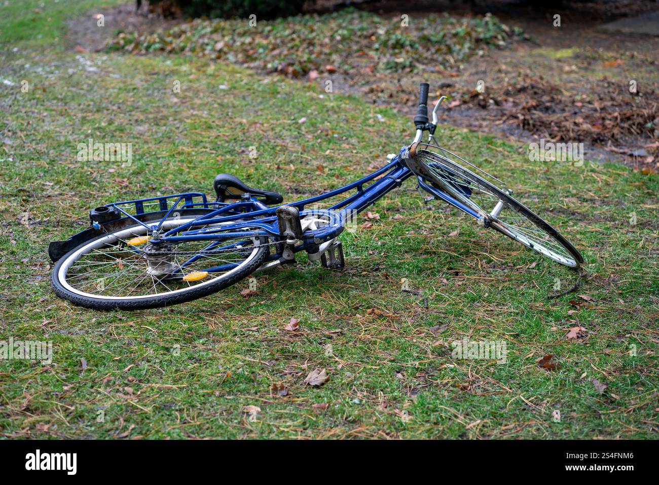 Blick auf ein blaues kaputtes Fahrrad, das auf grünem Gras liegt Stockfoto