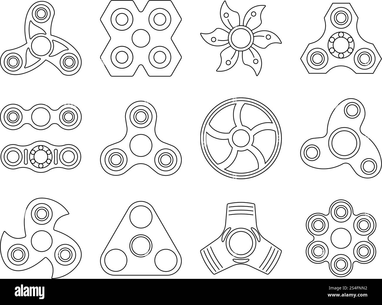 Vektor-Mono-Line-Bilder von Handdrehspielzeugen für Anti-Stress-Spiele. Lineare Fidget-Spinner zum Drehen, Illustration mechanischer Fidget. Vektor-Mono-Line-Bilder von Handdrehspielzeugen für Anti-Stress-Spiele Stock Vektor