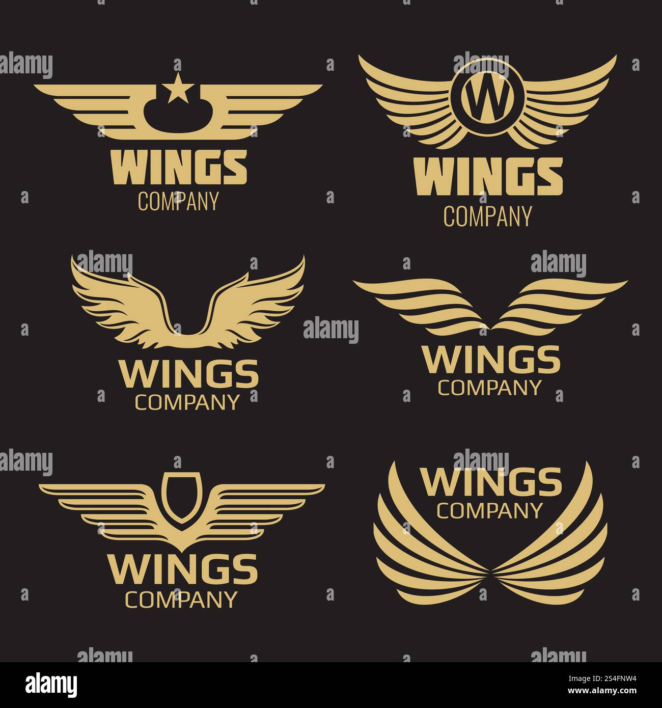 Vektor-Logo mit goldenen Flügeln auf schwarzem Hintergrund. Sammlung von Flügeln. Vektorabbildung. Vektor-Logo mit goldenen Flügeln Stock Vektor