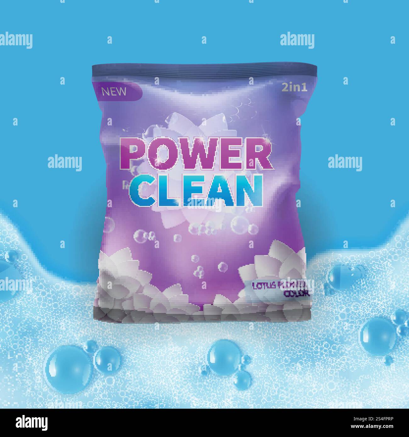 Waschmittelvektor-Design auf Beutelverpackungsschablone mit realistischem Schaum auf Hintergrund. Abbildung: Waschmittelpackpulver für Hygiene und Waschen. Waschmittelvektor-Design auf Beutelverpackungsschablone mit realistischem Schaum auf Hintergrund Stock Vektor