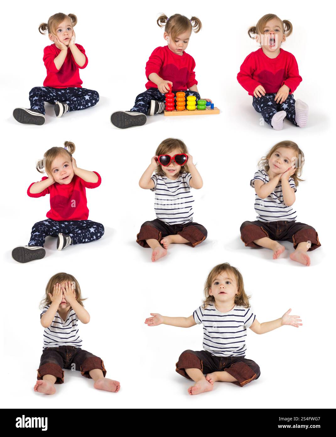 Set von Baby Mädchen, das sitzt und Gesten macht in acht Positionen isoliert auf weißem Hintergrund Stockfoto