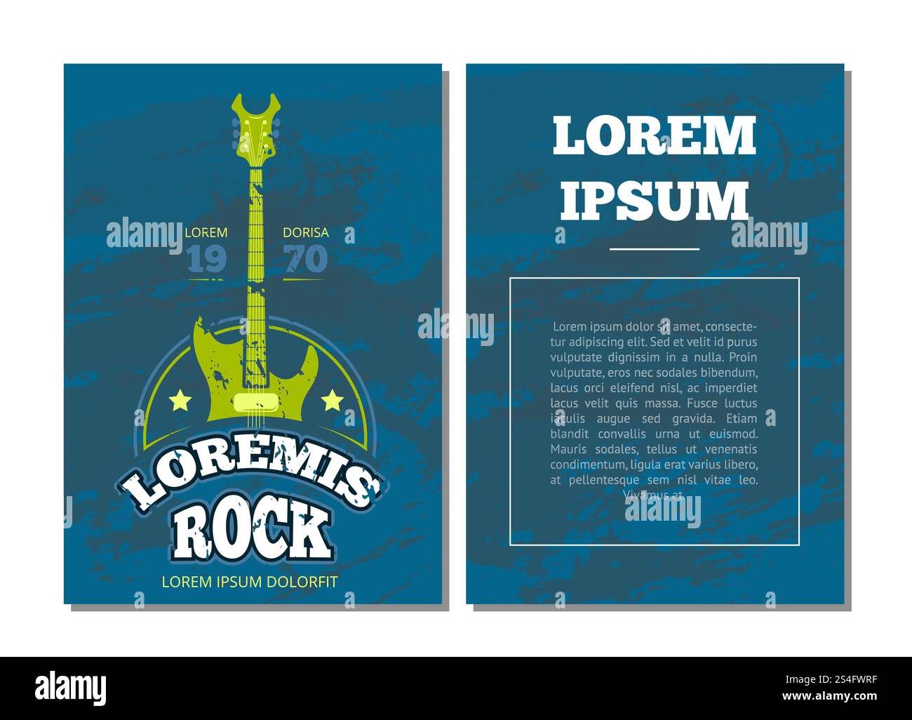 Vektorkartenflyer mit Retro-Rock-Musik, Shop, Sound Record Studio Club Logo, Abzeichen mit Gitarre auf Grunge Textur Illustration Banner. Vektorkartenflyer mit Retro-Rock-Musik, Sound-Record-Studio-Club-Logo, Abzeichen mit Gitarre Stock Vektor