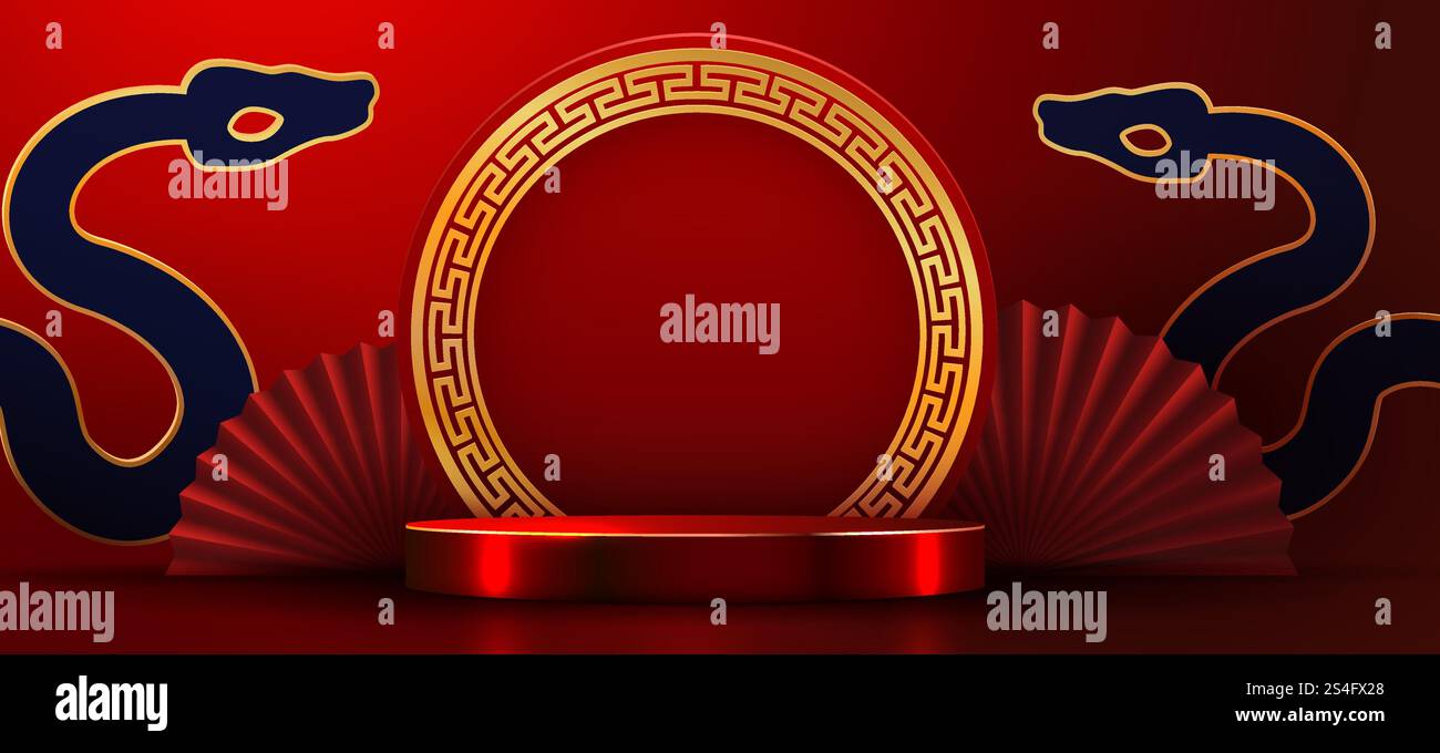 Grußkarte zum chinesischen Neujahr 2025, Banner mit goldenem und Podium. Traditionelles chinesisches Tor und Hintergrund der Handfans. Frohes Chinesisches Neujahr. Vektorabbildung Stock Vektor