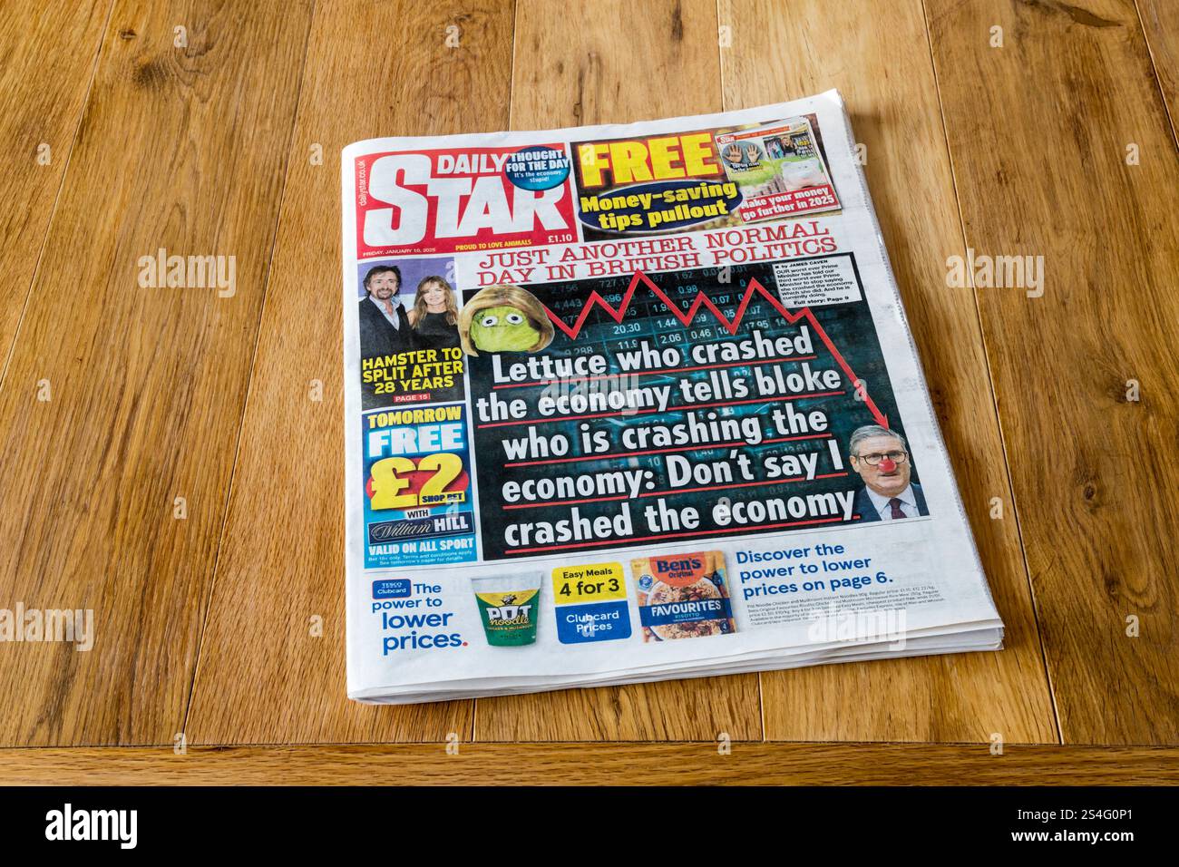 10. Januar 2025. Schlagzeile in Daily Star ist Salat, der die Wirtschaft zerschmettert hat, sagt dem Kerl, wer die Wirtschaft zerschmettert: Sag nicht, ich habe die Wirtschaft zerschmettert. Nur noch ein normaler Tag in der britischen Politik. Stockfoto