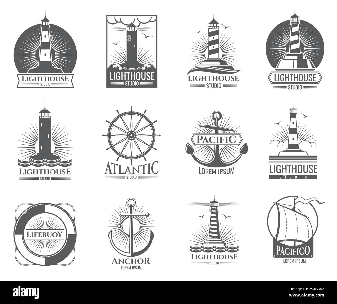 Vintage-nautische Etiketten mit Leuchtturm, Meeresboot und Ankern. Alte marineblaue Logos mit Anker und Leuchtturm-Illustration. Vintage-nautische Etiketten mit Leuchtturm, Meeresboot und Ankern. Alte marineblaue Logos Stock Vektor
